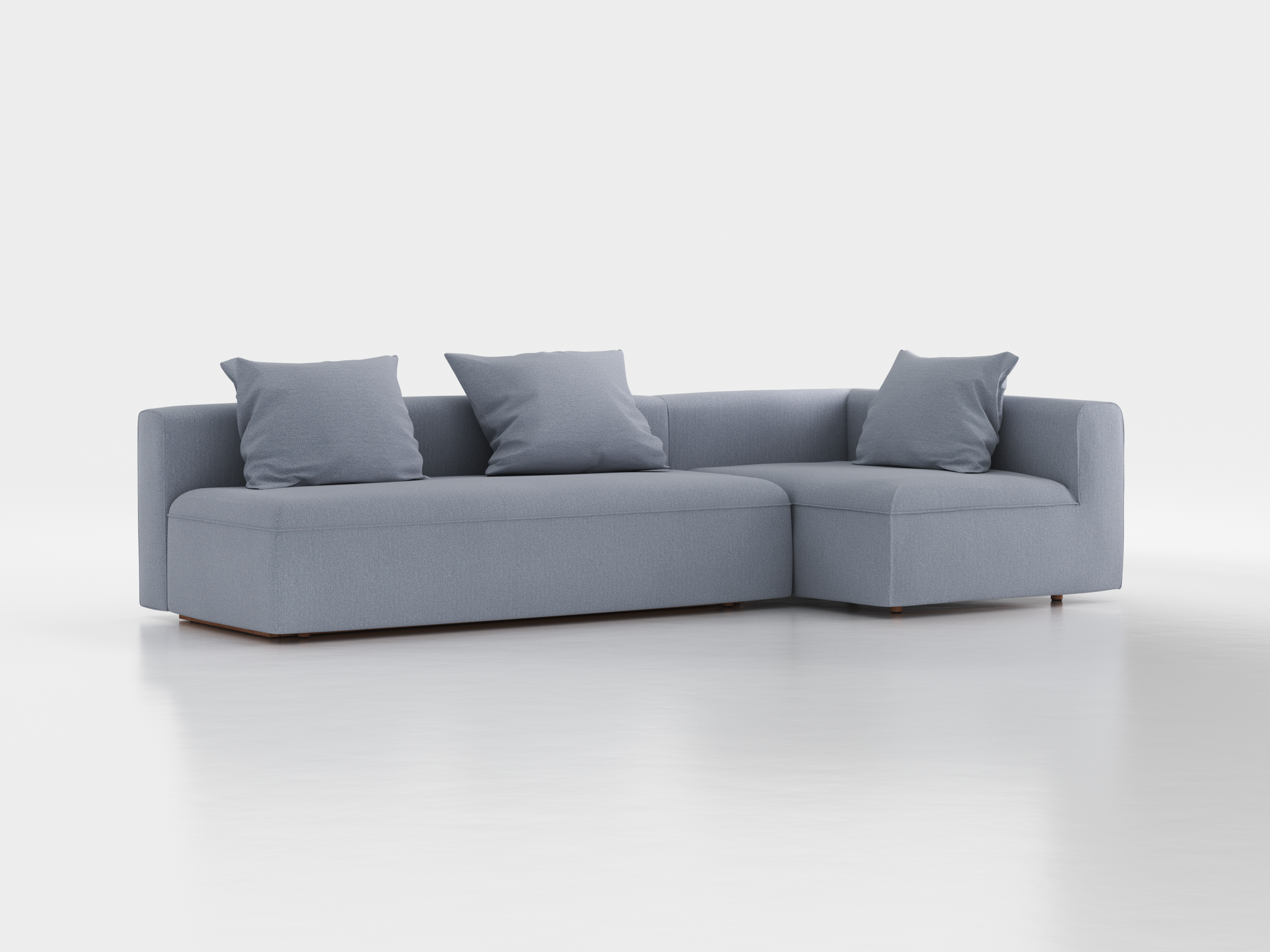 Ecksofa Sereno mit Schlaffunktion inkl. 3 Kissen (70x55 cm), Bodennah, B 300 x T 150 cm, Eckteil rechts, mit Bezug Wollstoff Elverum Blaugrau (83), Buche