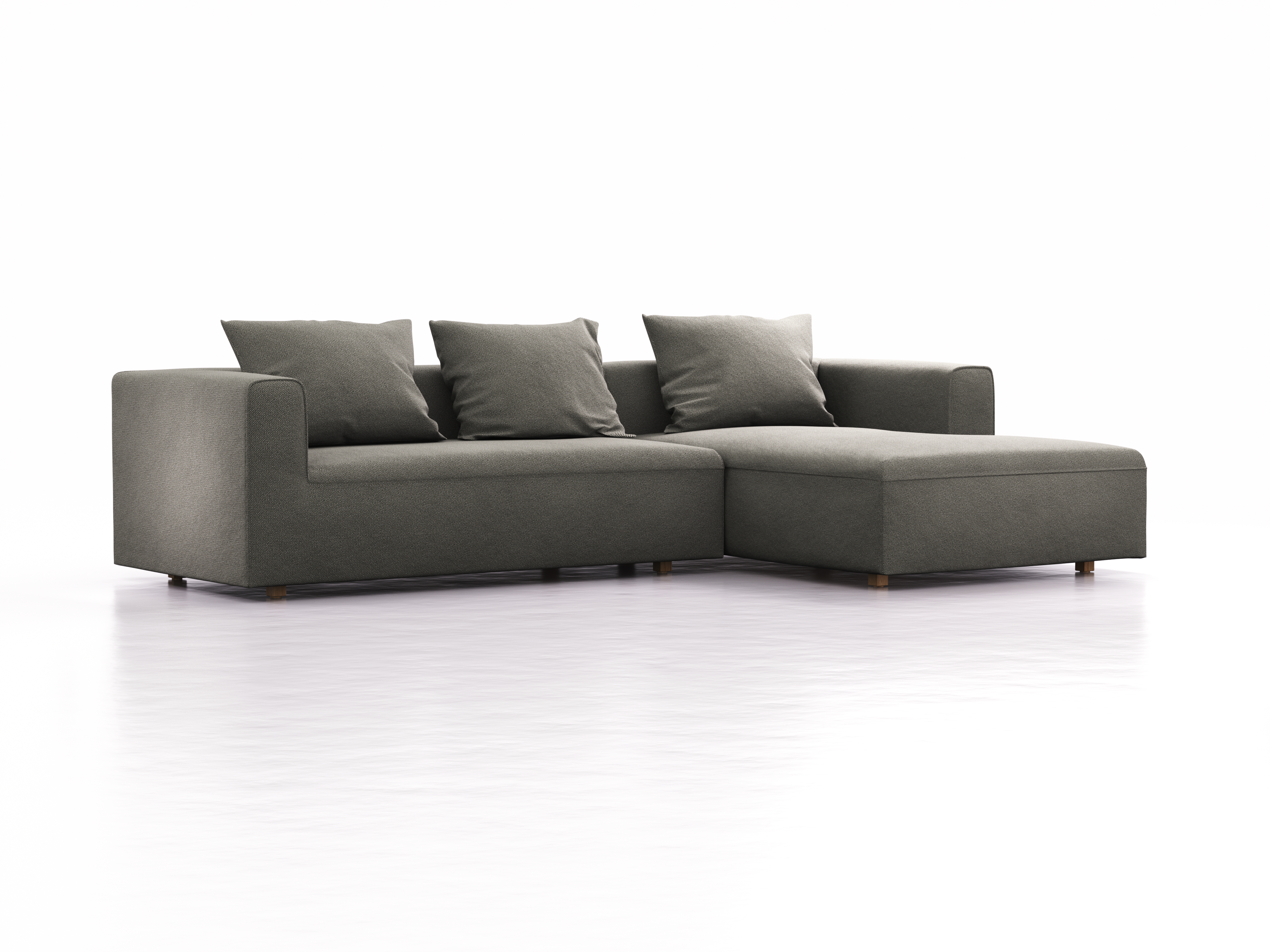 Lounge-Sofa Sereno, bodennah, B297xT180xH71 cm, Sitzhöhe 43 cm, mit Liegeteil rechts inkl. 3 Kissen (70x55 cm), Eiche, Wollstoff Elverum Mocca