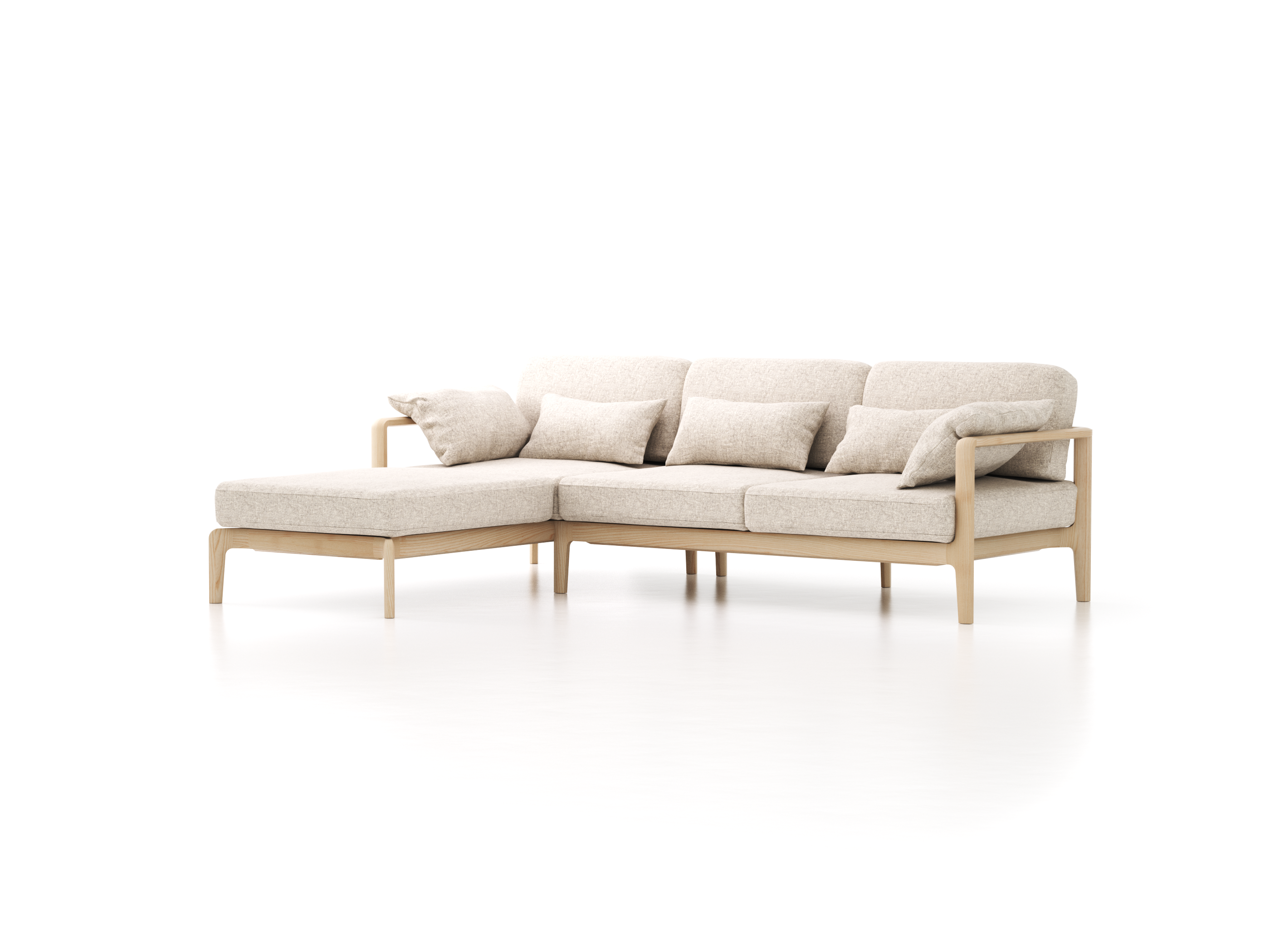 Loungesofa Linera, schmal mit Liegeteil links, Wollstoff Tano Natur Hell (80), Esche