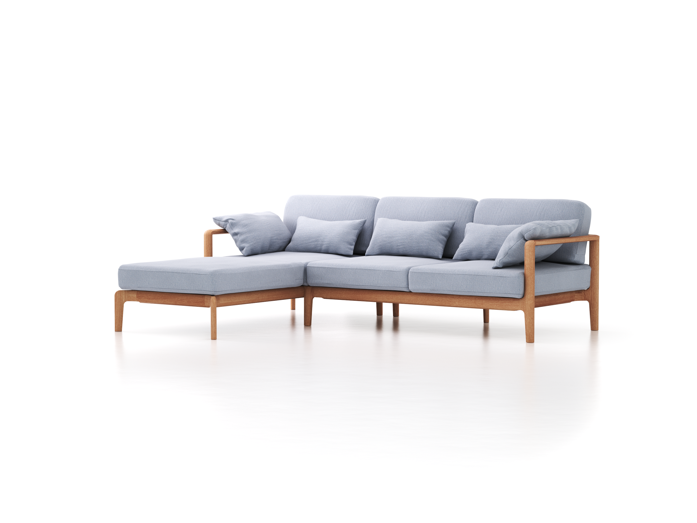 Loungesofa Linera, schmal mit Liegeteil links, Wollstoff Elverum Blaugrau (83), Eiche