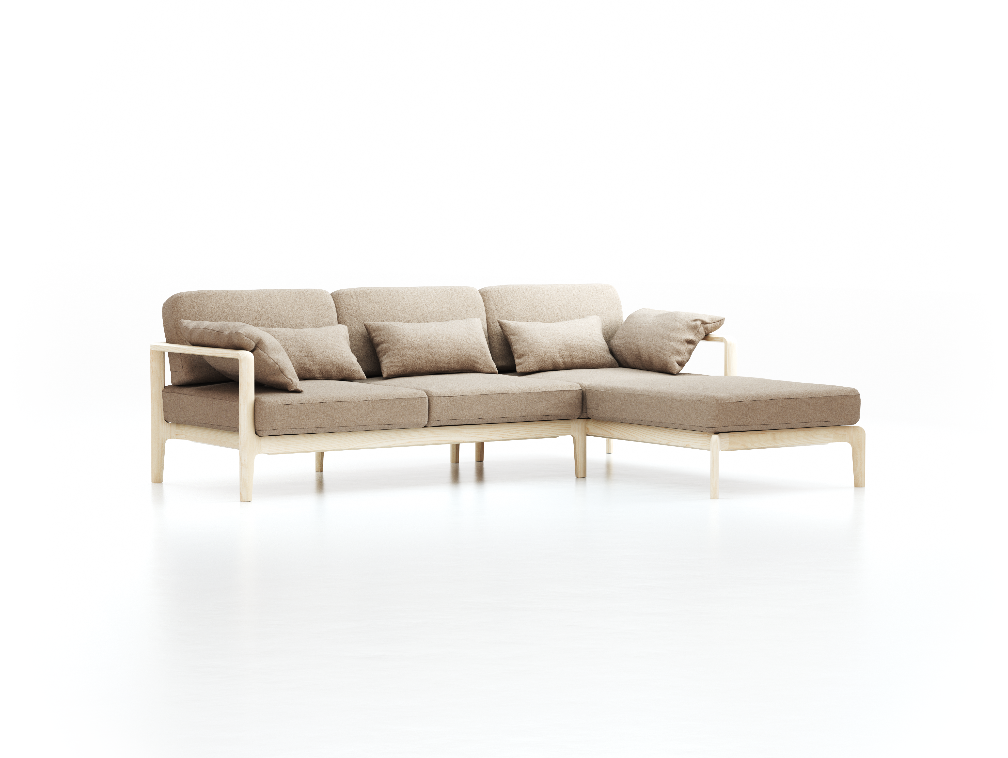 Loungesofa Linera, schmal mit Liegeteil rechts, Wollstoff Stavang Sand (66), Esche