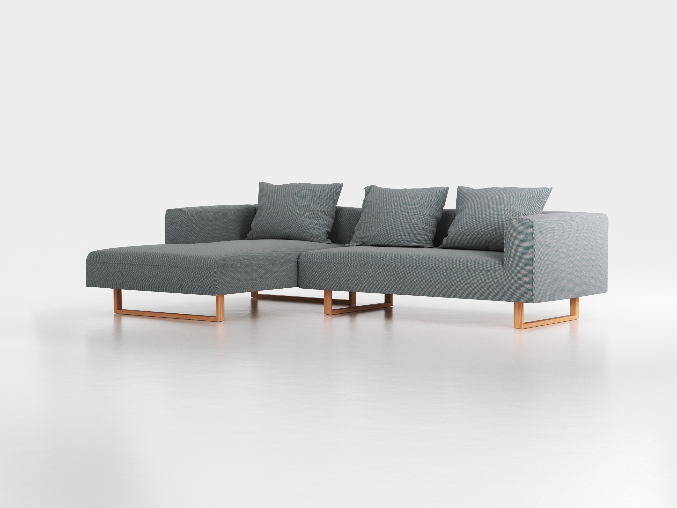 Lounge-Sofa Sereno inkl. 3 Kissen (70x55 cm), B 297 x T 180 cm, Liegeteil links, Kufenfuß, mit Bezug Wollstoff Elverum Grüngrau (84), Buche