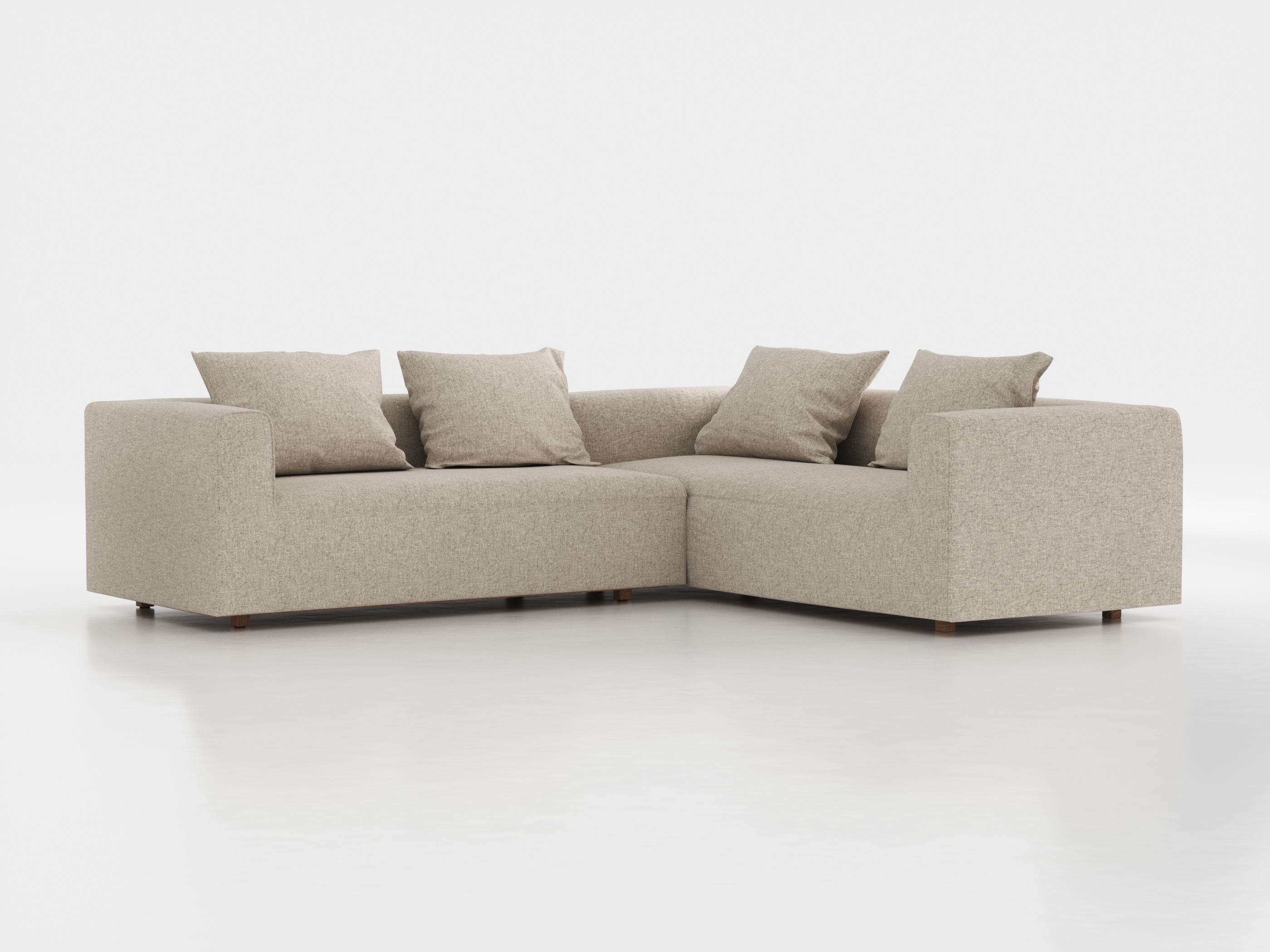 Ecksofa Sereno inkl. 4 Kissen (70x55 cm), Eckteil rechts, B 276 x T 235 cm, Bodennah, mit Bezug Wollstoff Tano Natur Hell (80), Eiche