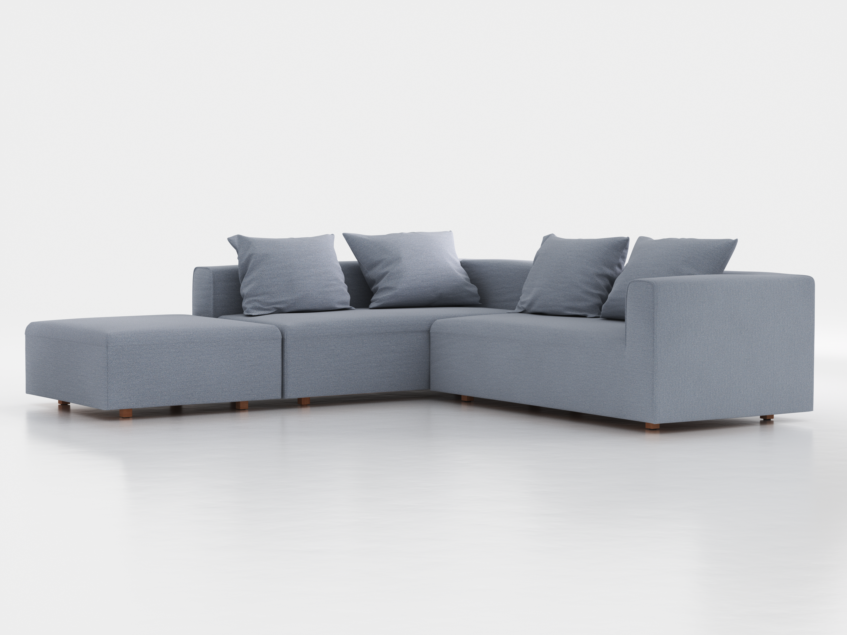 Ecksofa Sereno, 276 x 276 cm, inkl. 4 Kissen (70 x 55 cm), Liegeteil links, Bodennah, mit Bezug Wollstoff Elverum Blaugrau (83), Buche