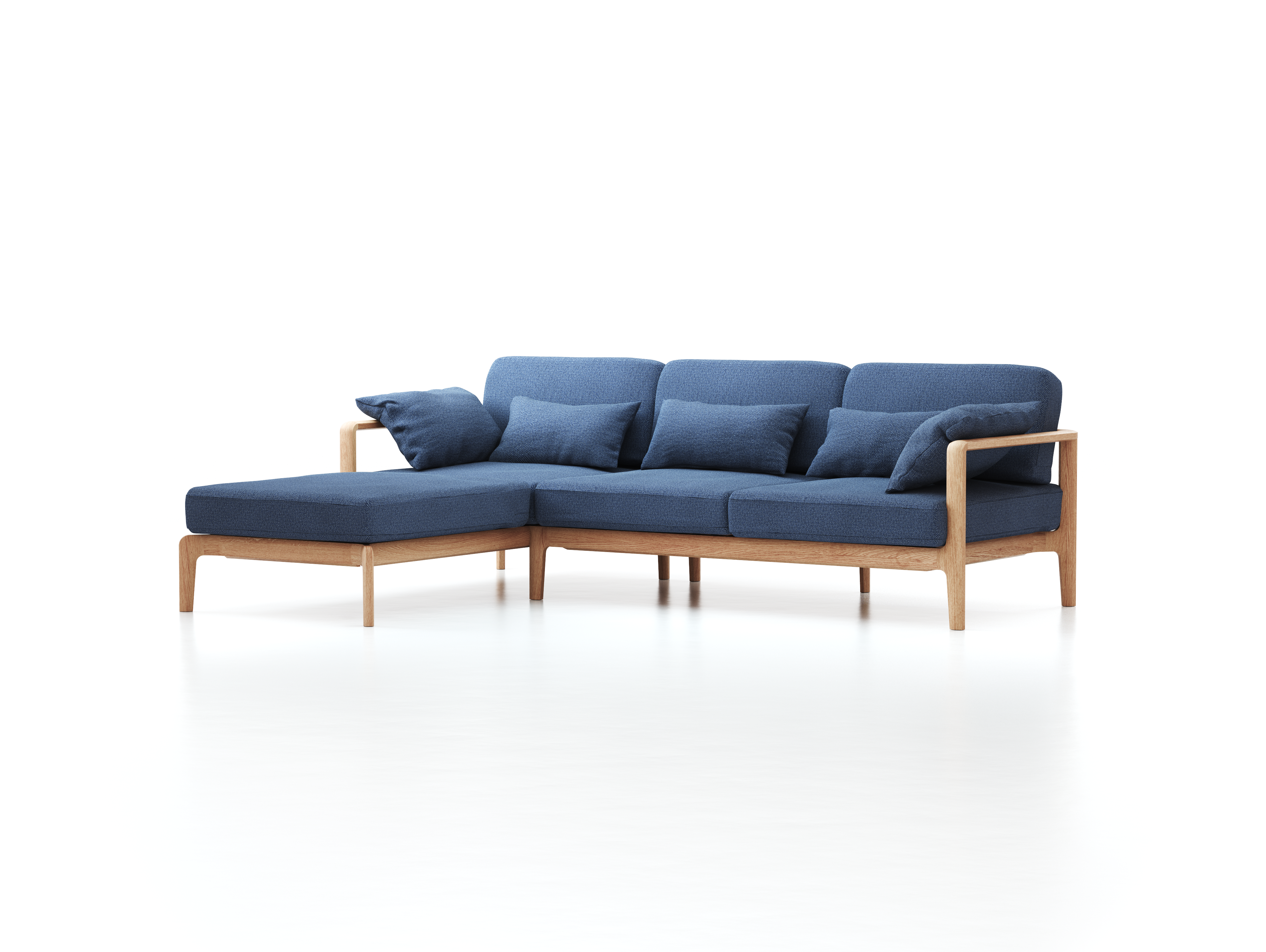 Loungesofa Linera, schmal mit Liegeteil links, Wollstoff Elverum Ozean (75), Eiche