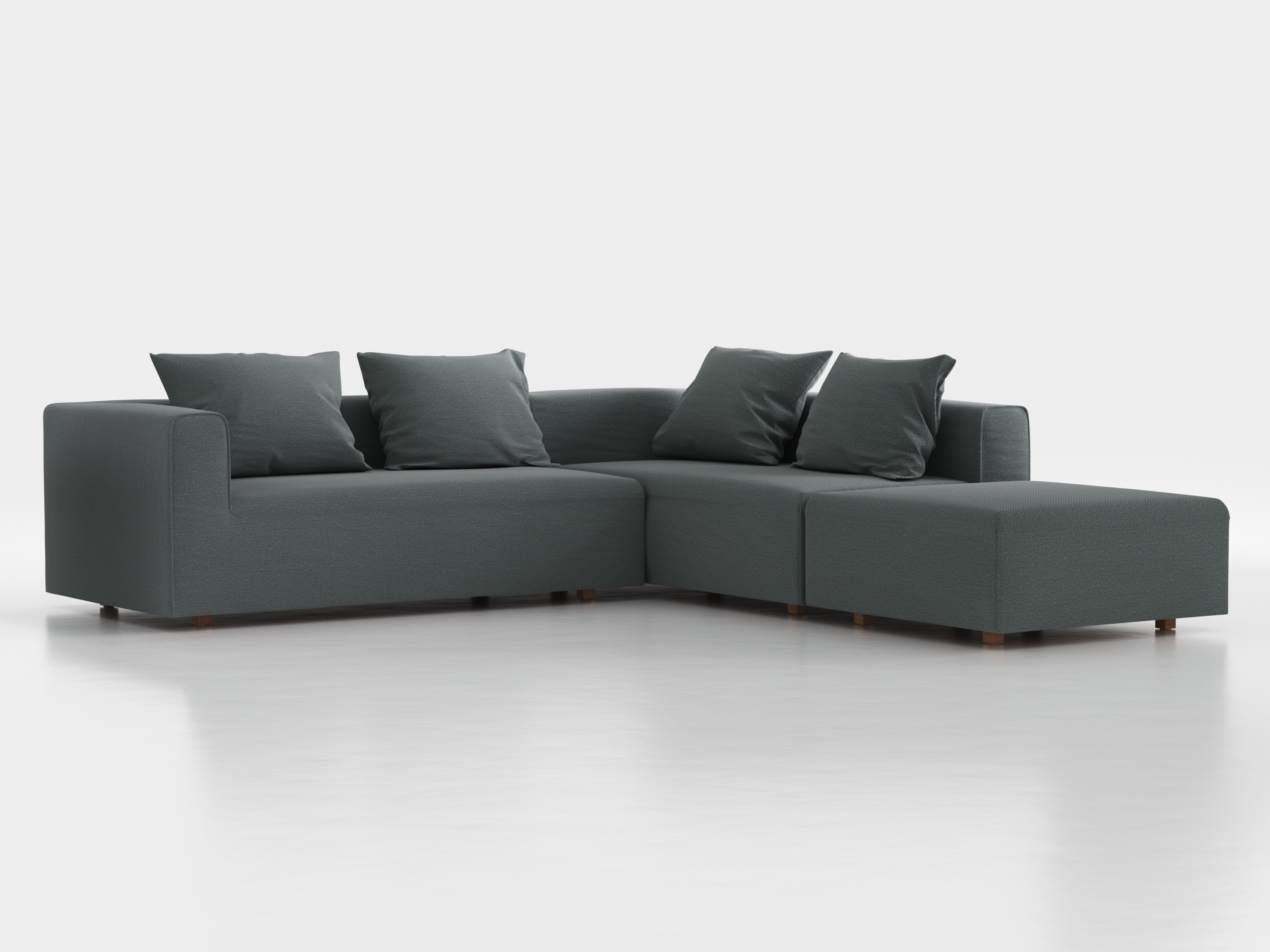 Ecksofa Sereno, 276 x 276 cm, inkl. 4 Kissen (70 x 55 cm), Liegeteil rechts, Bodennah, mit Bezug Wollstoff Elverum Grüngrau (84), Eiche