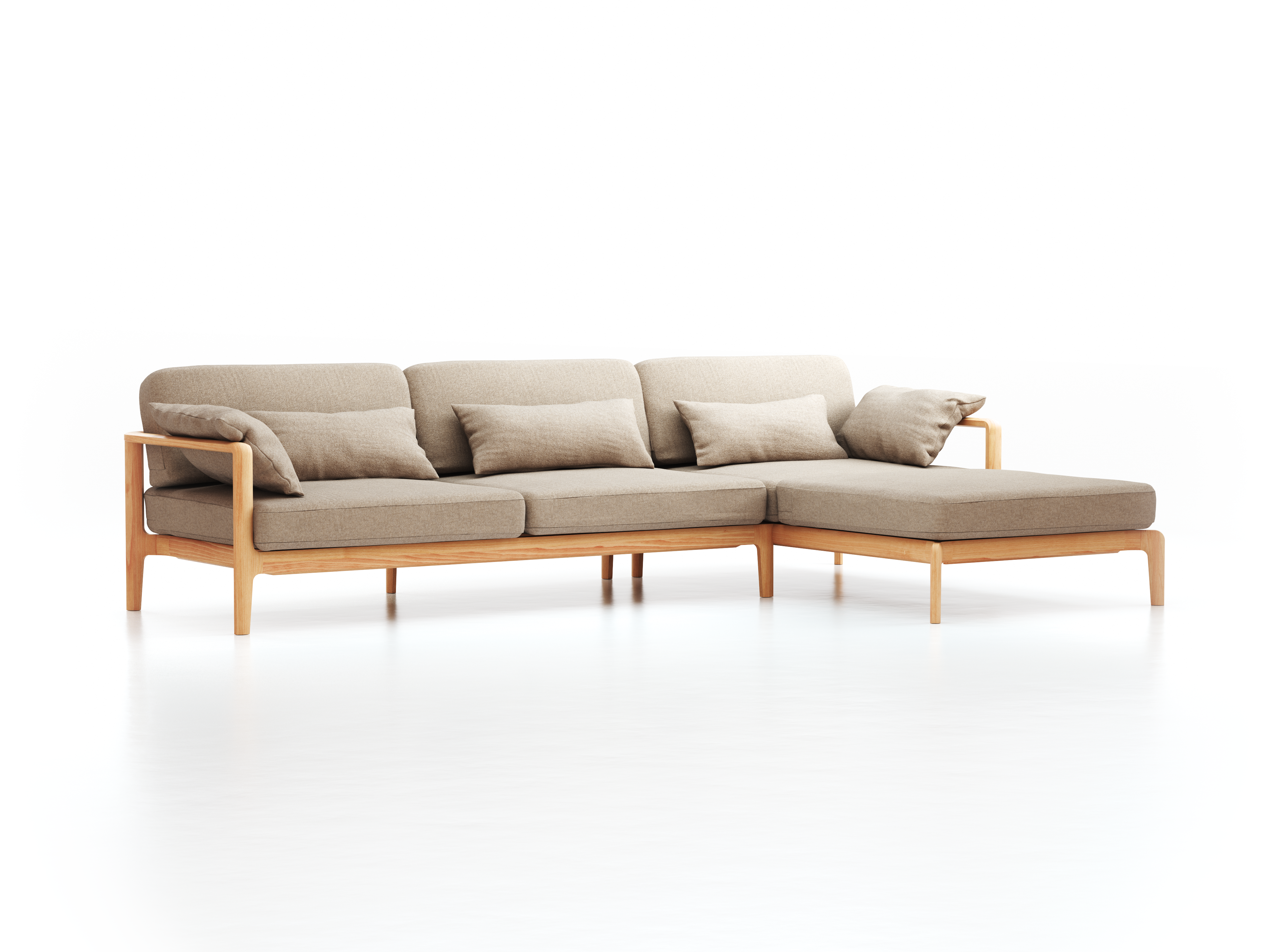 Loungesofa Linera, breit mit Liegeteil rechts, Wollstoff Stavang Sand (66), Buche