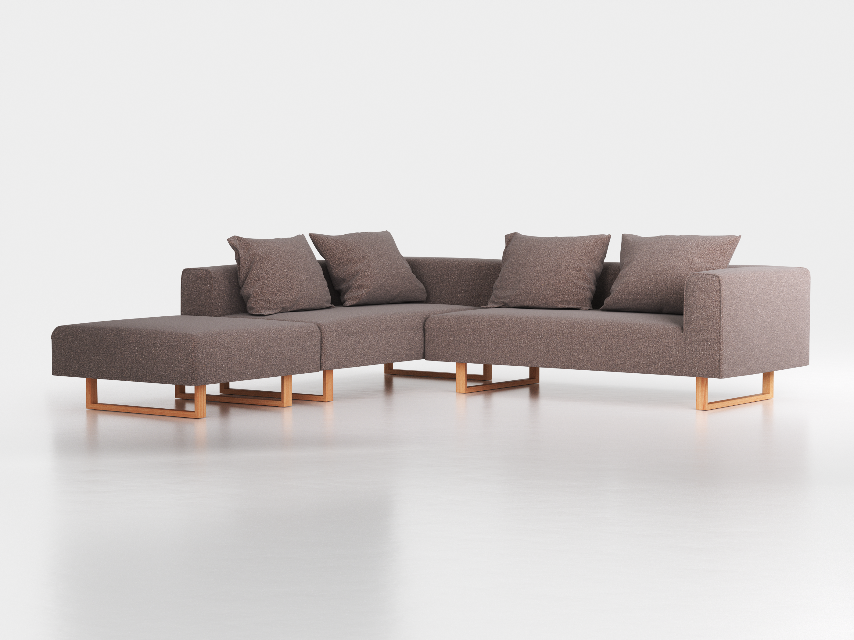 Ecksofa Sereno, 276 x 276 cm, inkl. 4 Kissen (70 x 55 cm), Liegeteil links, Kufenfuß, mit Bezug Wollstoff Tano Natur Dunkel (81), Buche