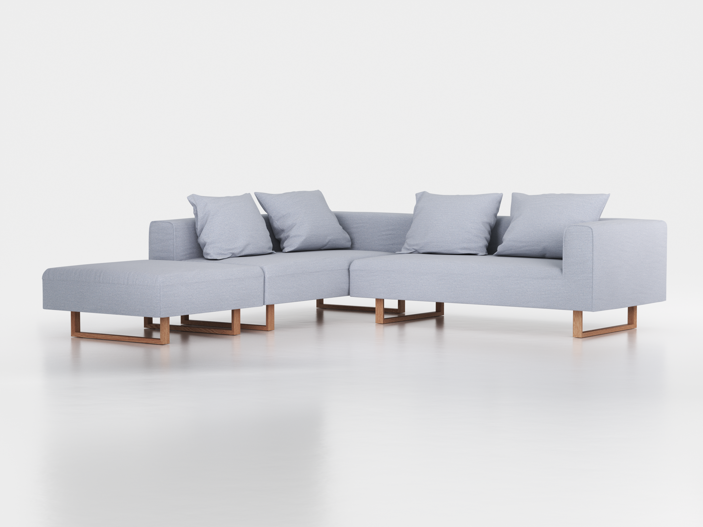 Ecksofa Sereno, 276 x 276 cm, inkl. 4 Kissen (70 x 55 cm), Liegeteil links, Kufenfuß, mit Bezug Wollstoff Elverum Blaugrau (83), Eiche