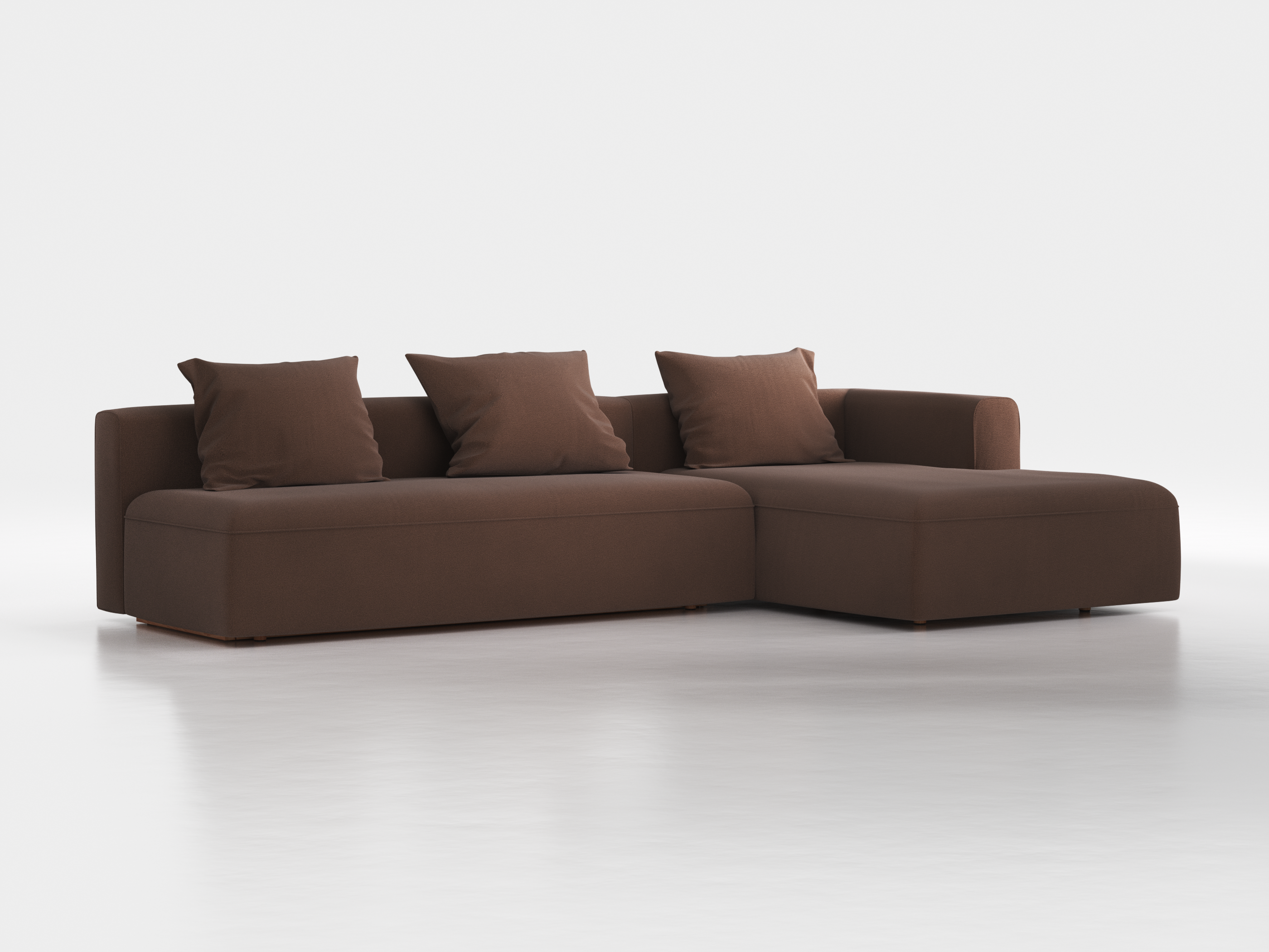 Lounge-Sofa Sereno mit Schlaffunktion inkl. 3 Kissen (70x55 cm), B 320,5 x T 180 cm, Bodennah, Liegeteil rechts, mit Bezug Wollstoff Kaland Torf (70), Buche