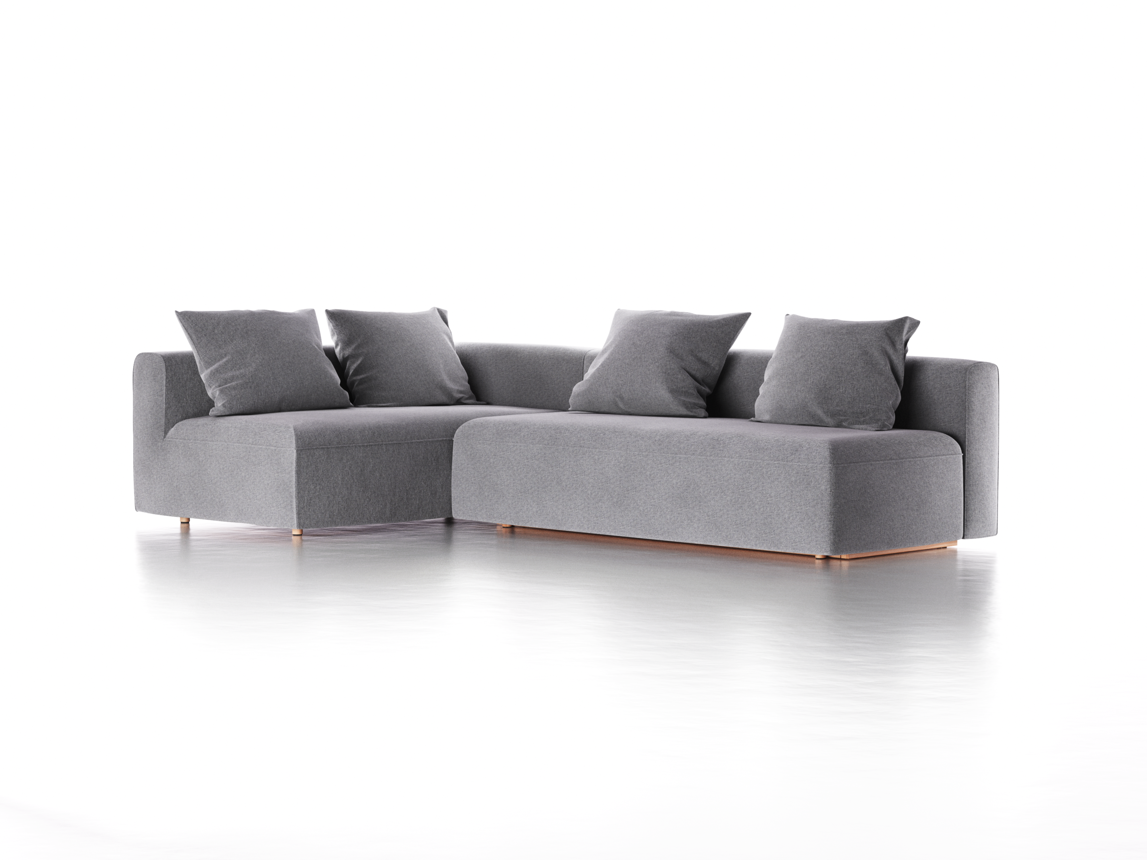 Ecksofa Sereno mit Schlaffunktion inkl. 4 Kissen (70x55 cm), Bodennah, B 300 x T180 cm, Eckteil links, mit Bezug Wollstoff Kaland Kiesel (68), Buche