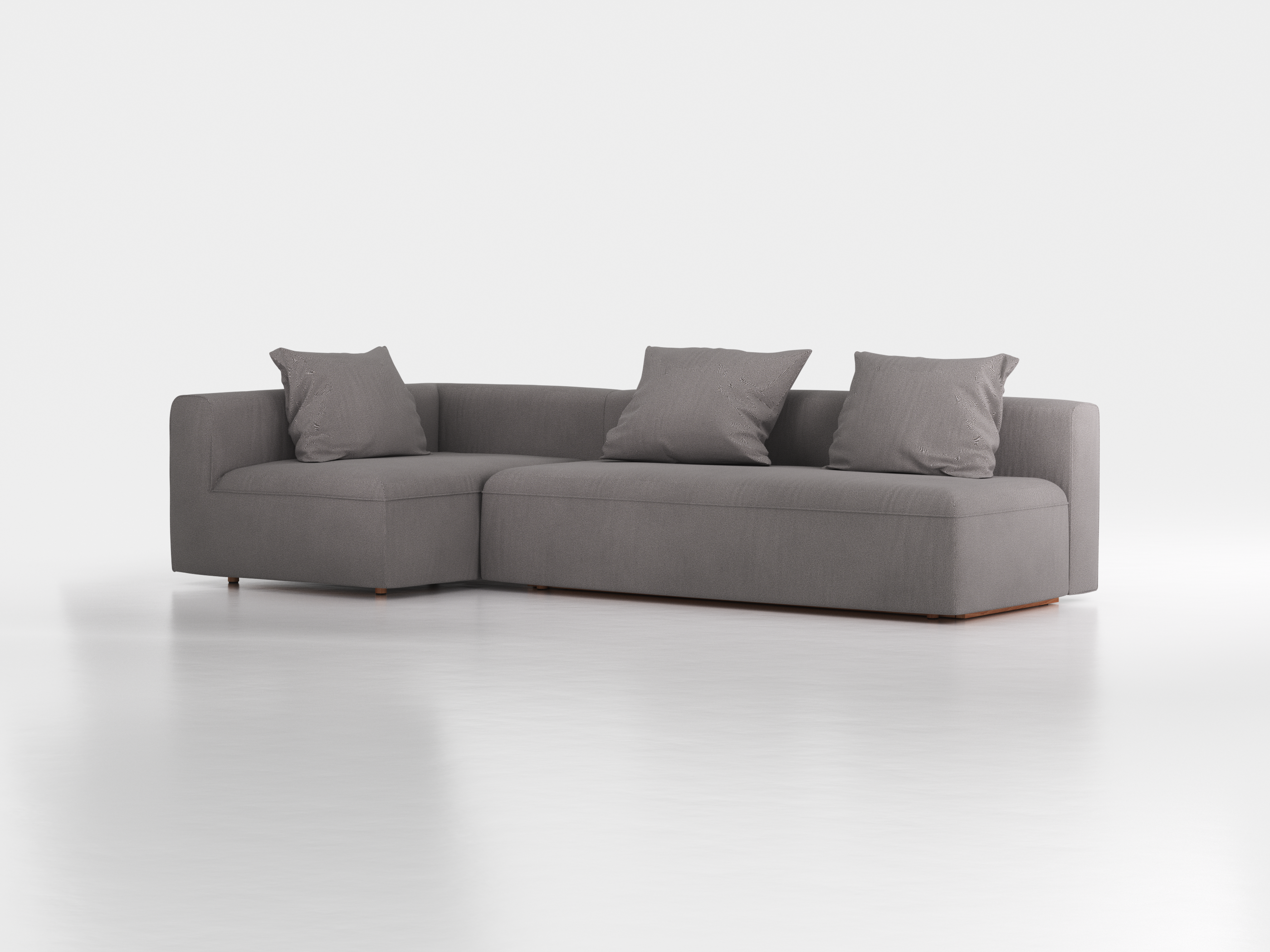 Ecksofa Sereno mit Schlaffunktion inkl. 3 Kissen (70x55 cm), Bodennah, B 300 x T 150 cm, Eckteil links, mit Bezug Wollstoff Elverum Mocca (73), Buche