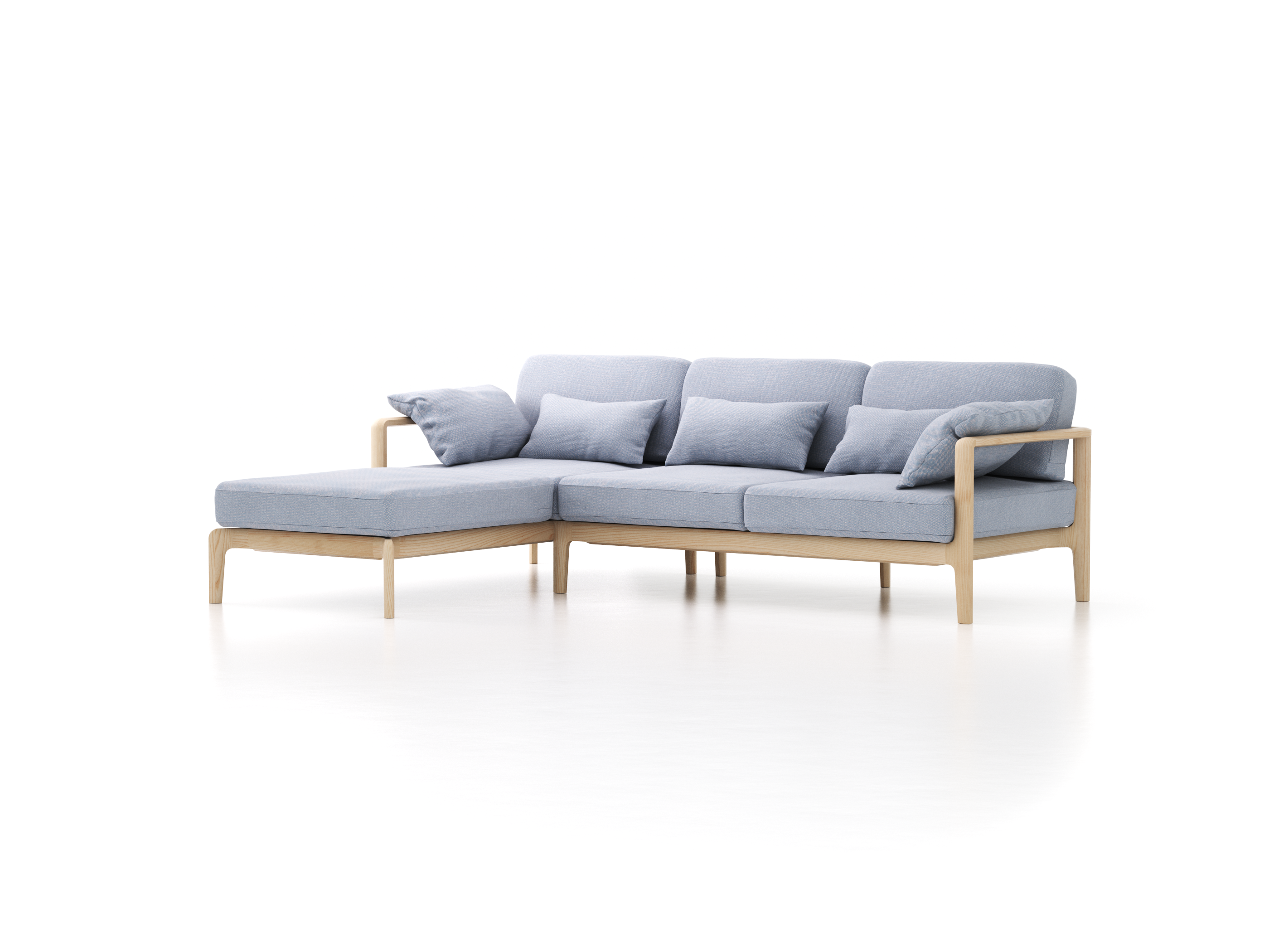 Loungesofa Linera, schmal mit Liegeteil links, Wollstoff Elverum Blaugrau (83), Esche