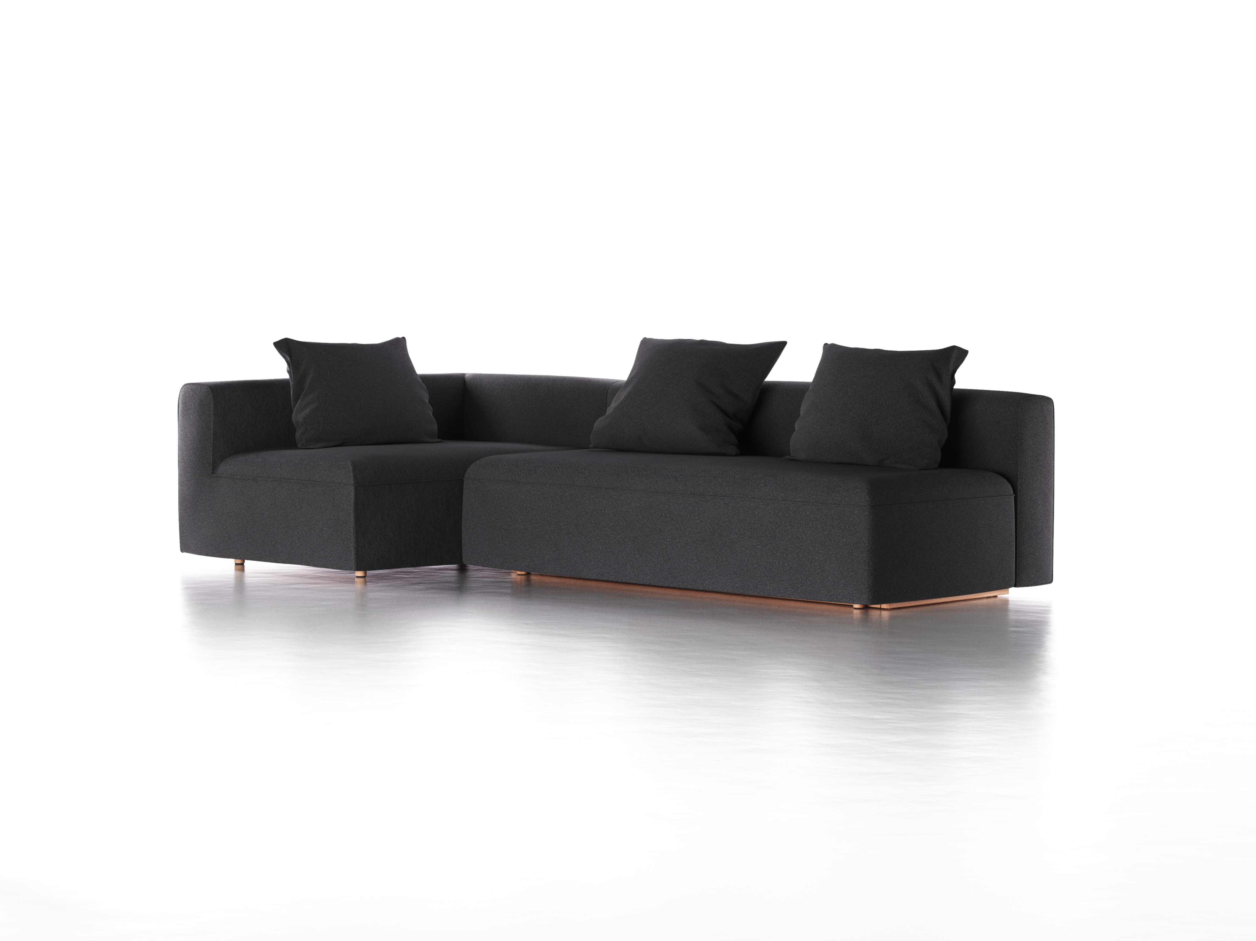 Ecksofa Sereno mit Schlaffunktion inkl. 3 Kissen (70x55 cm), Bodennah, B 300 x T 150 cm, Eckteil links, mit Bezug Wollstoff Kaland Schiefer (67), Buche