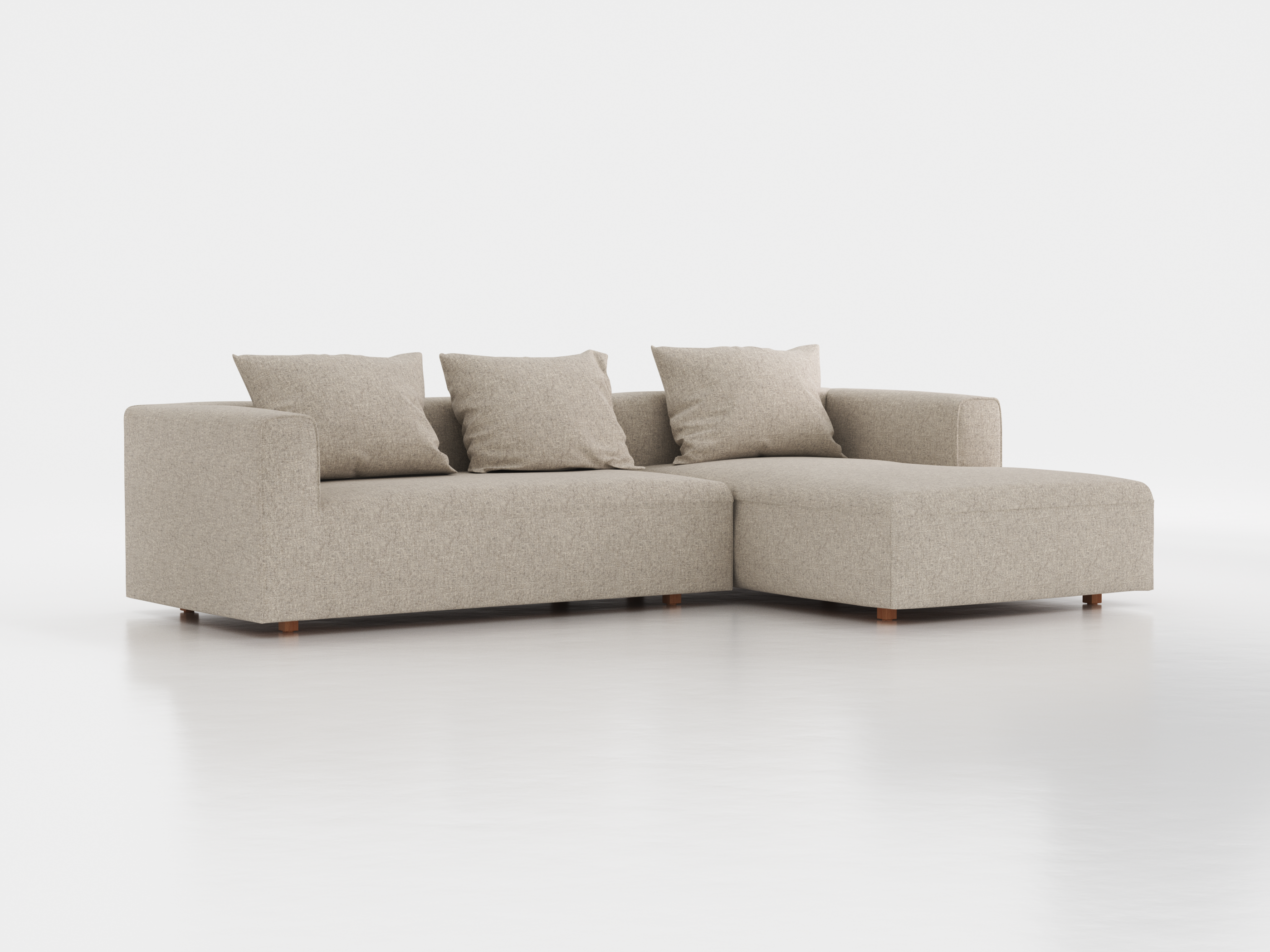 Lounge-Sofa  Sereno inkl. 3 Kissen (70x55 cm), B 297 x T 180 cm, Liegeteil rechts, Bodennah, mit Bezug Wollstoff Tano Natur Hell (80), Buche