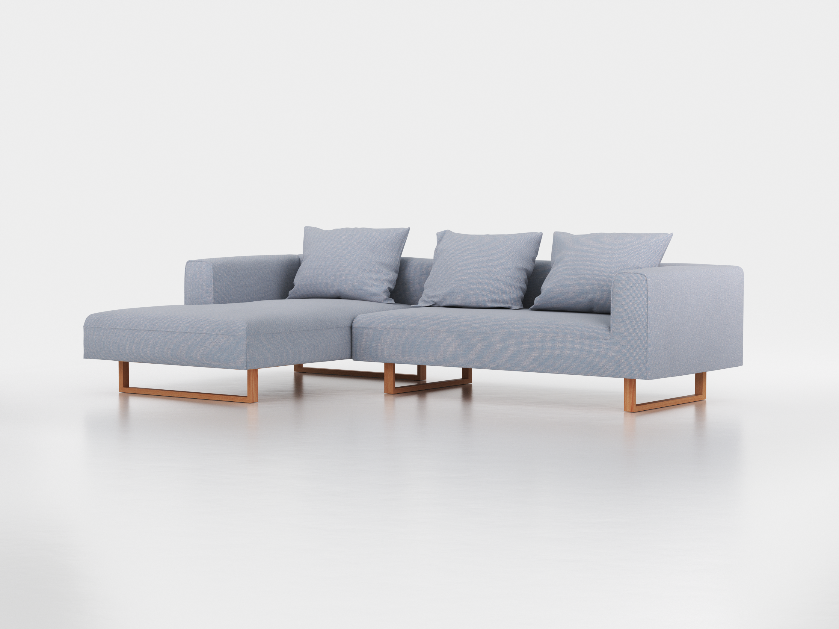 Lounge-Sofa Sereno inkl. 3 Kissen (70x55 cm), B 297 x T 180 cm, Liegeteil links, Kufenfuß, mit Bezug Wollstoff Elverum Blaugrau (83), Buche
