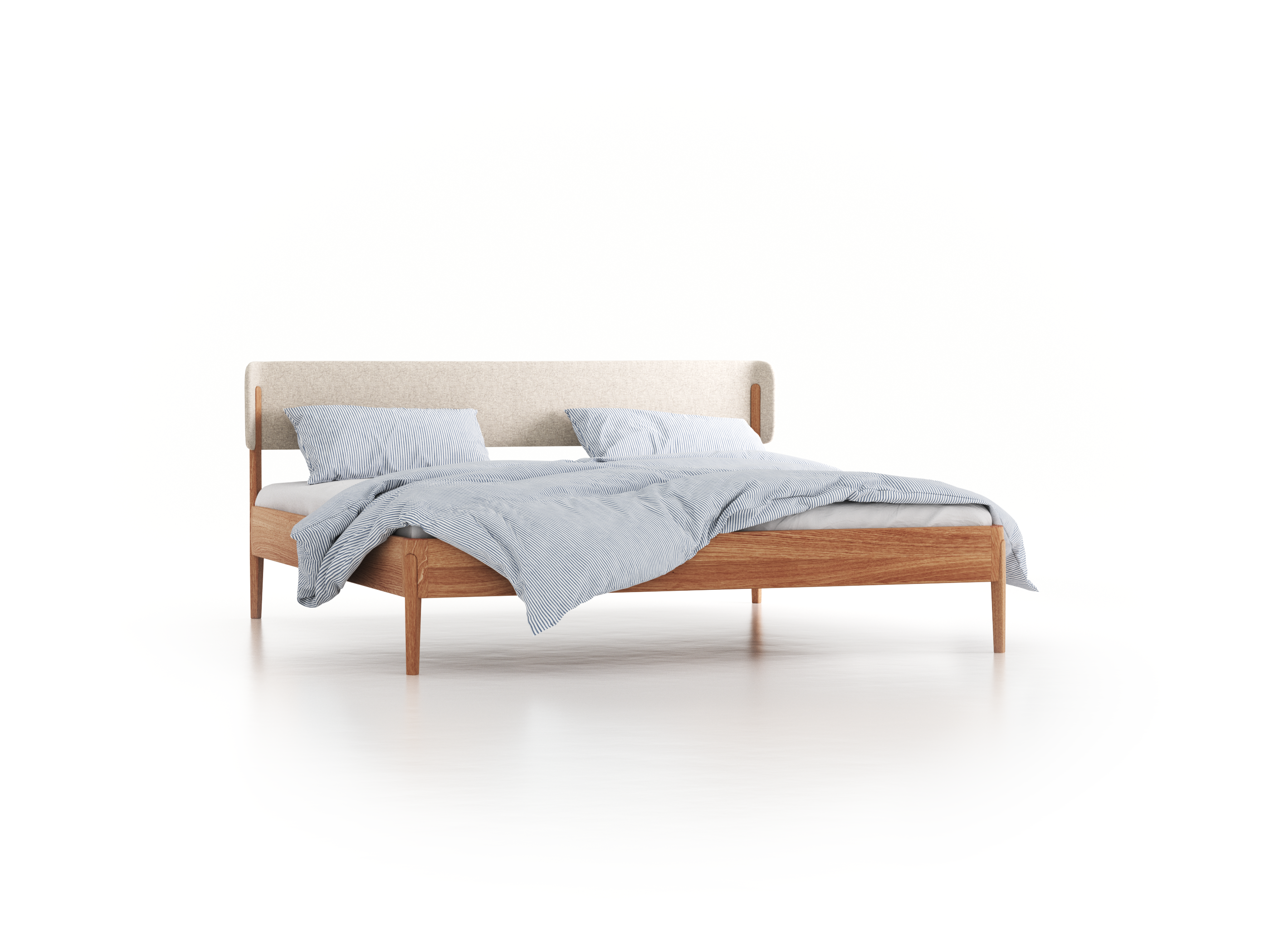 Bett Alwy mit Polsterbetthaupt, 200 x 200 cm, Wollstoff Tano Natur Hell (80), Eiche