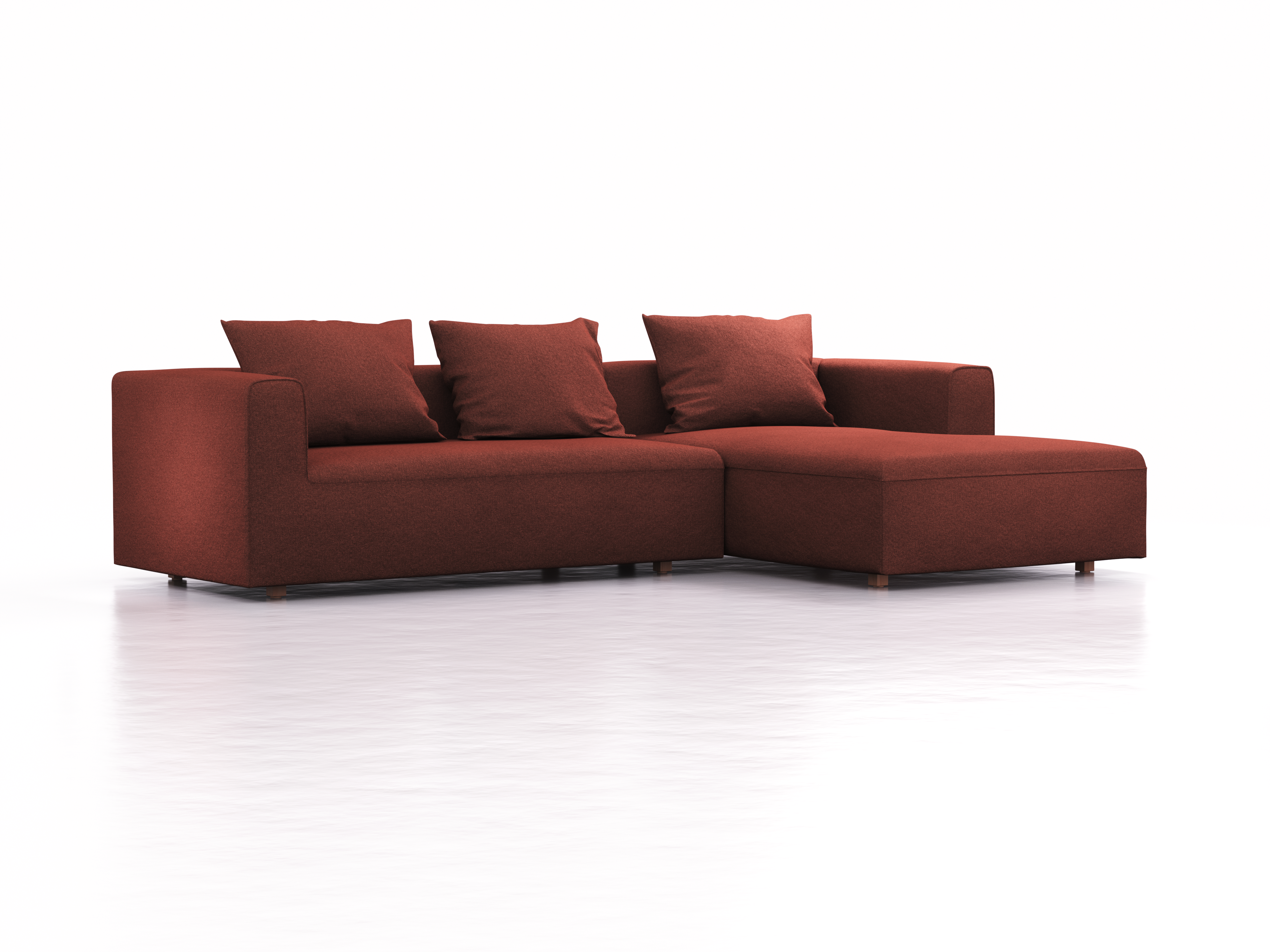 Lounge-Sofa Sereno, bodennah, B297xT180xH71 cm, Sitzhöhe 43 cm, mit Liegeteil rechts inkl. 3 Kissen (70x55 cm), Buche, Wollstoff Kaland Ziegel