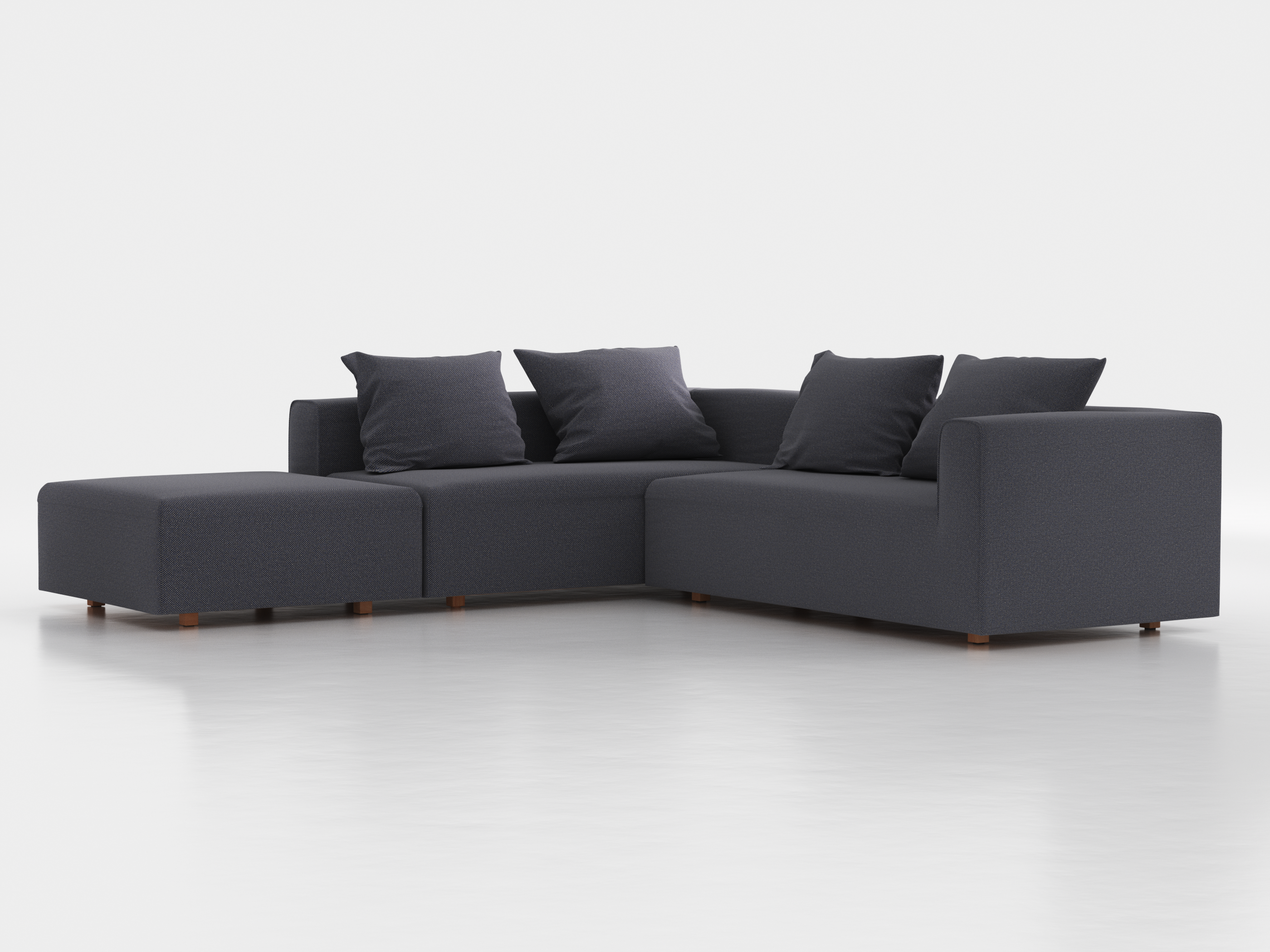 Ecksofa Sereno, 276 x 276 cm, inkl. 4 Kissen (70 x 55 cm), Liegeteil links, Bodennah, mit Bezug Wollstoff Elverum Torfblau (82), Buche