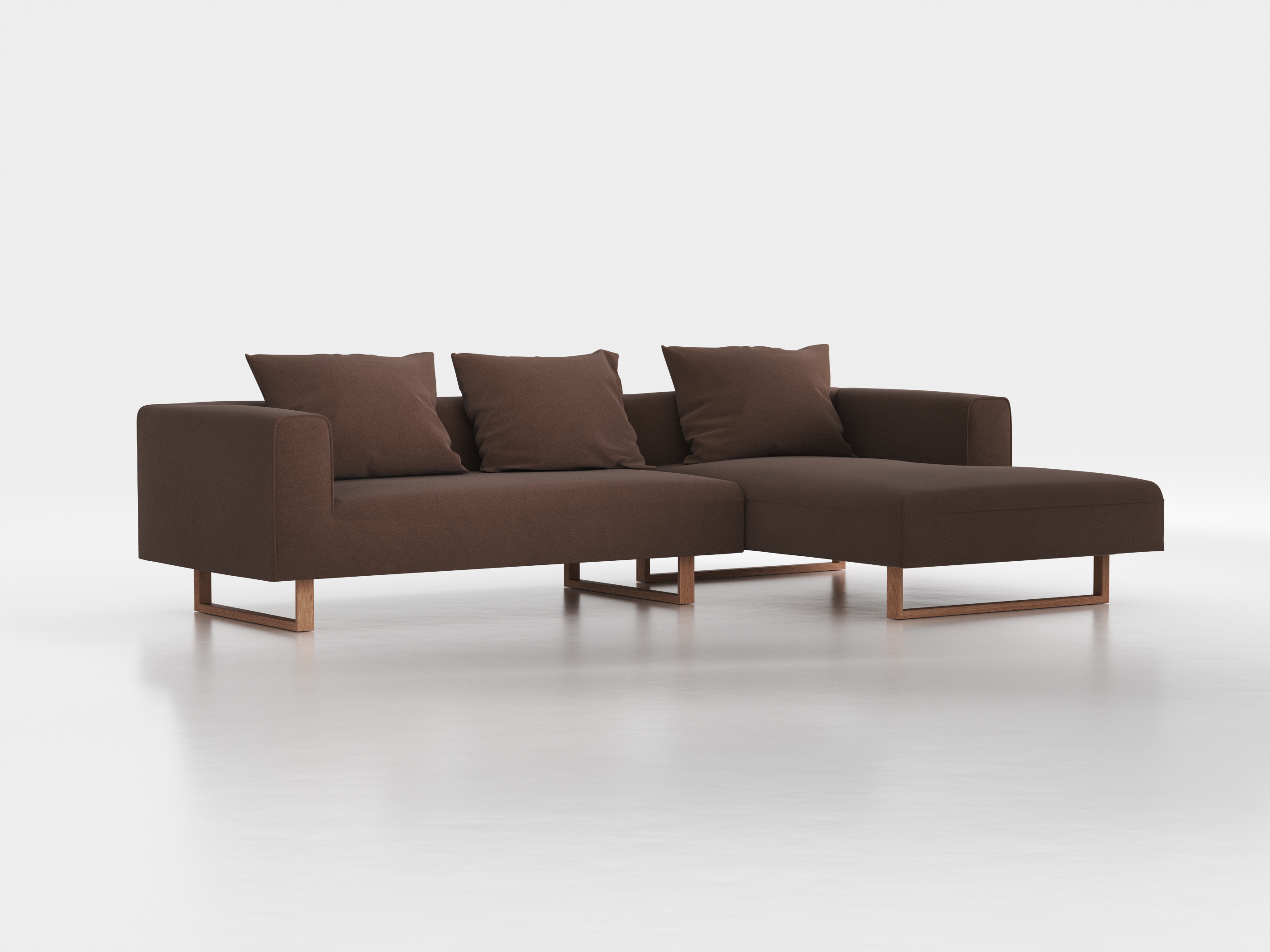 Lounge-Sofa Sereno inkl. 3 Kissen (70x55 cm), B 297 x T 180 cm, Liegeteil rechts, Kufenfuß, mit Bezug Wollstoff Kaland Torf (70), Eiche