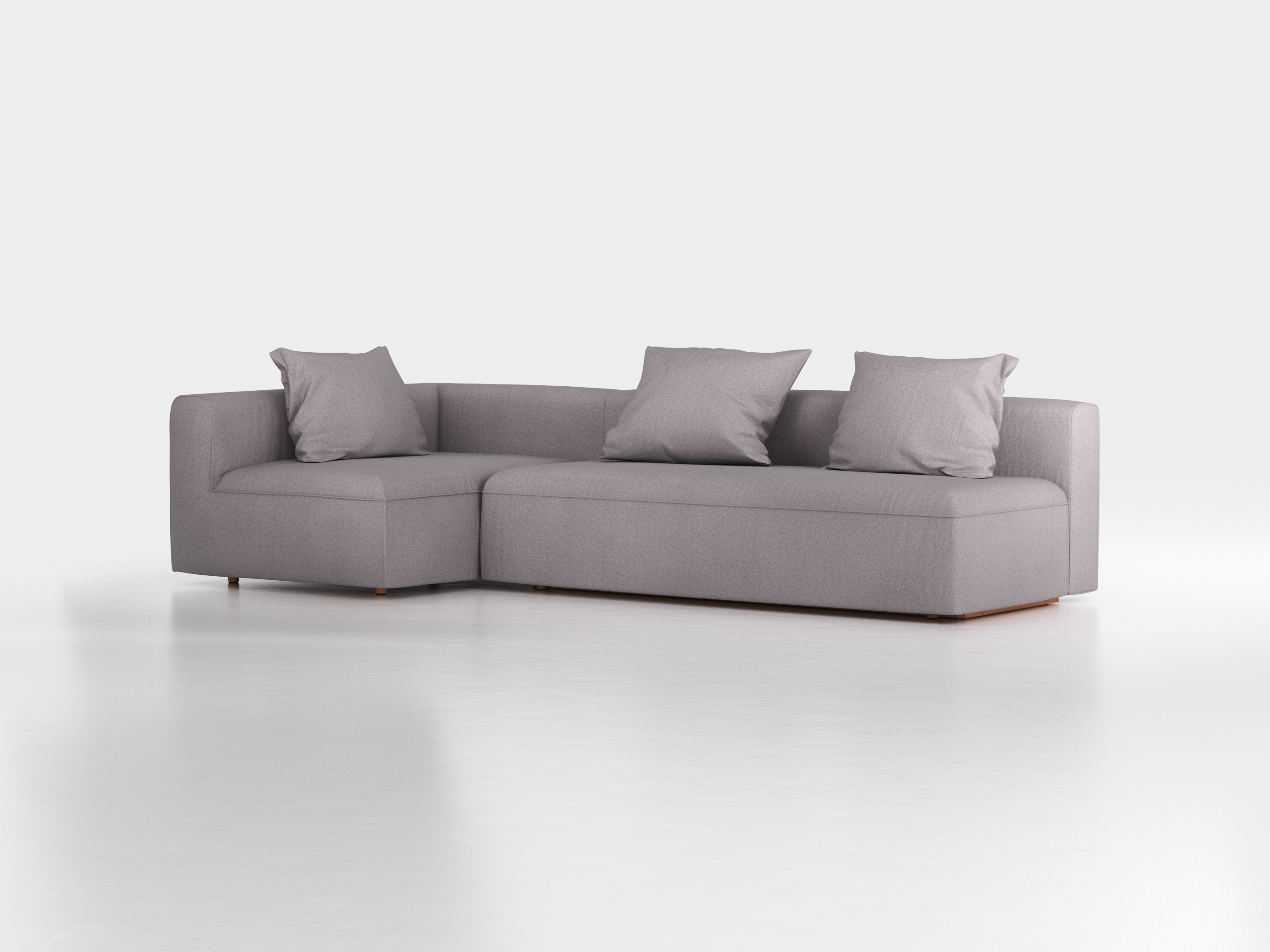 Ecksofa Sereno mit Schlaffunktion inkl. 3 Kissen (70x55 cm), Bodennah, B 300 x T 150 cm, Eckteil links, mit Bezug Wollstoff Stavang Kiesel (62), Buche