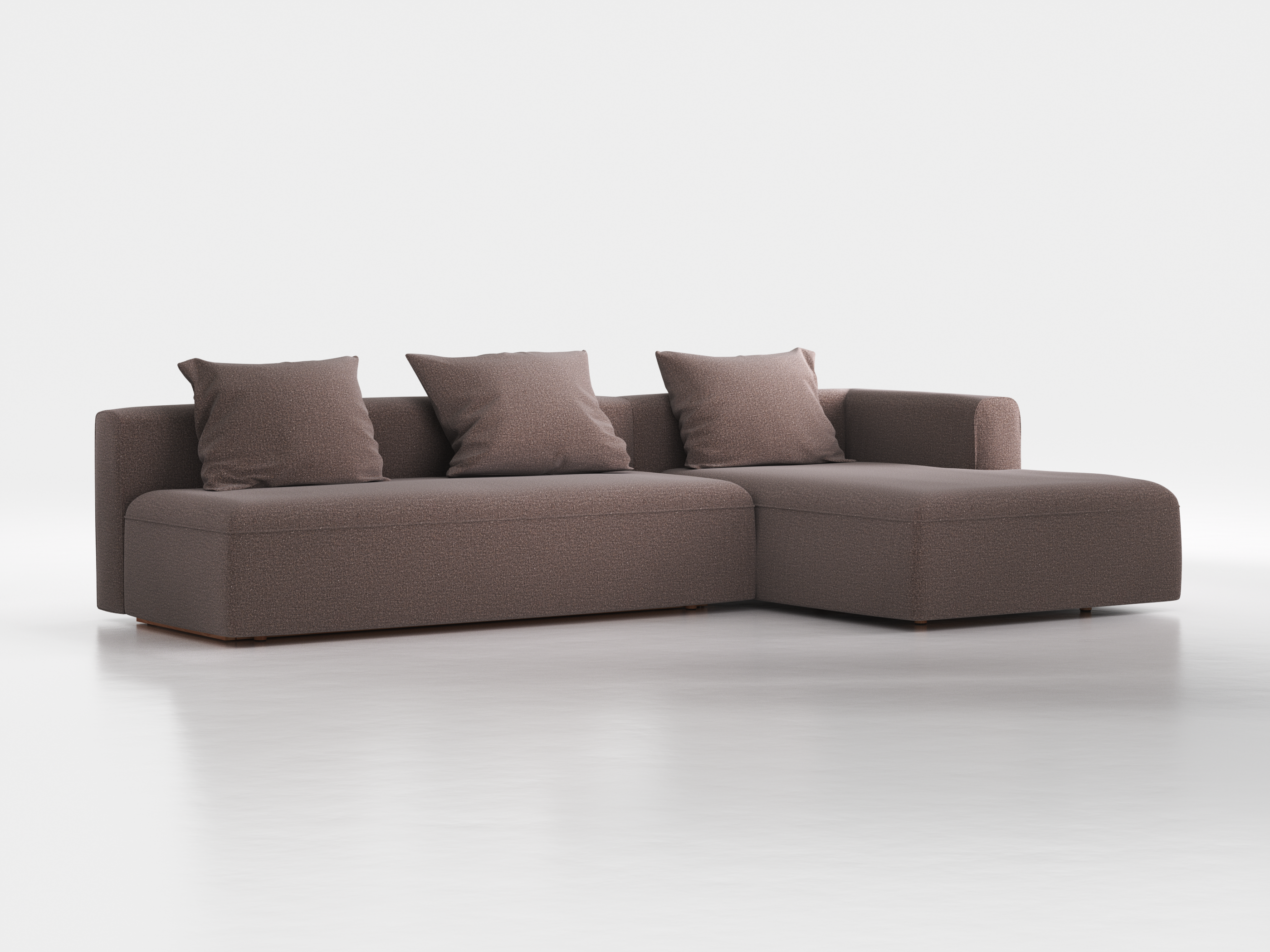 Lounge-Sofa Sereno mit Schlaffunktion inkl. 3 Kissen (70x55 cm), B 320,5 x T 180 cm, Bodennah, Liegeteil rechts, mit Bezug Wollstoff Tano Natur Dunkel (81), Buche