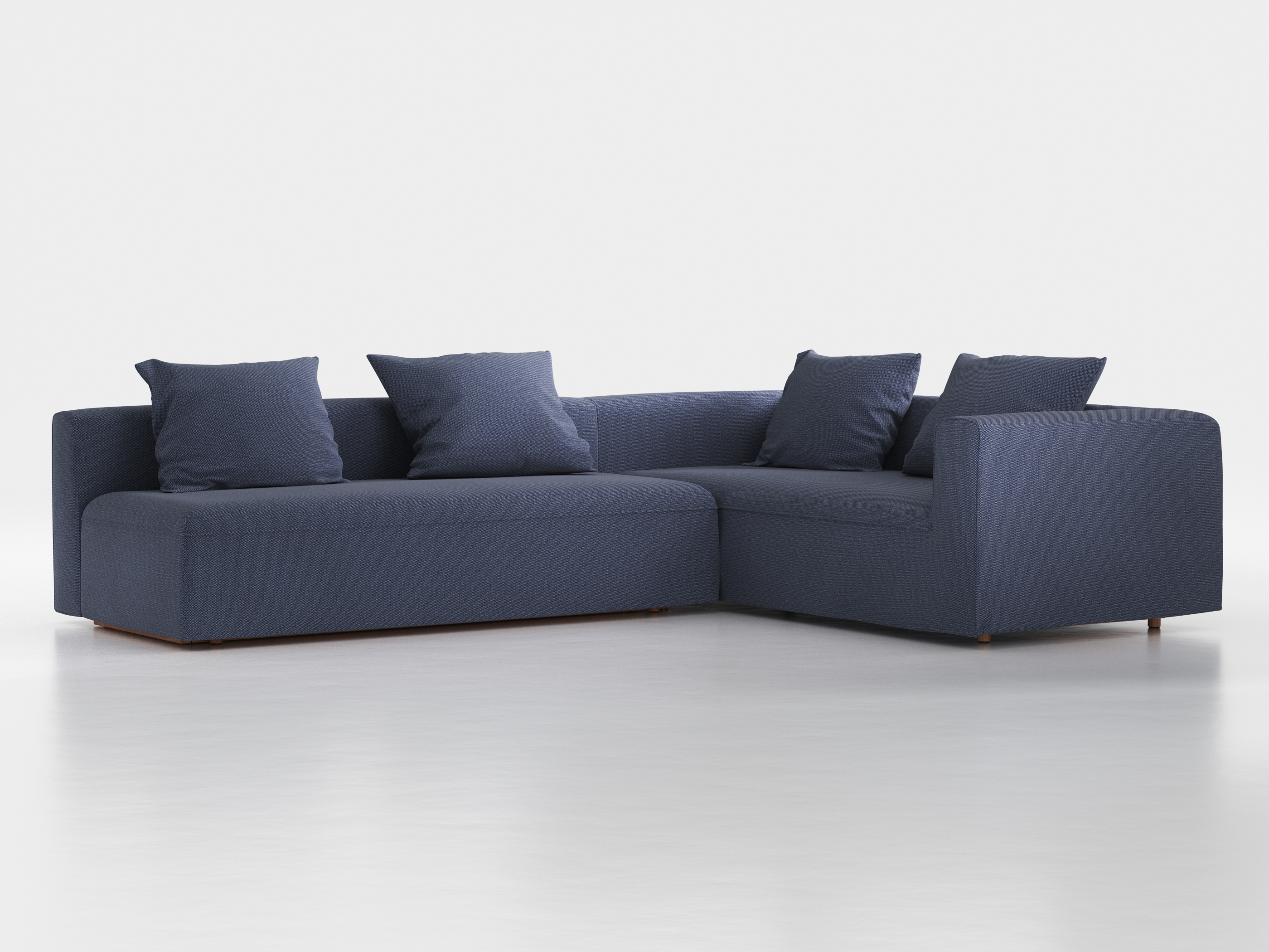 Ecksofa Sereno mit Schlaffunktion inkl. 4 Kissen (70x55 cm), B 300 x T 235 cm, Bodennah, Eckteil rechts, mit Bezug Wollstoff Elverum Ozean (75), Buche