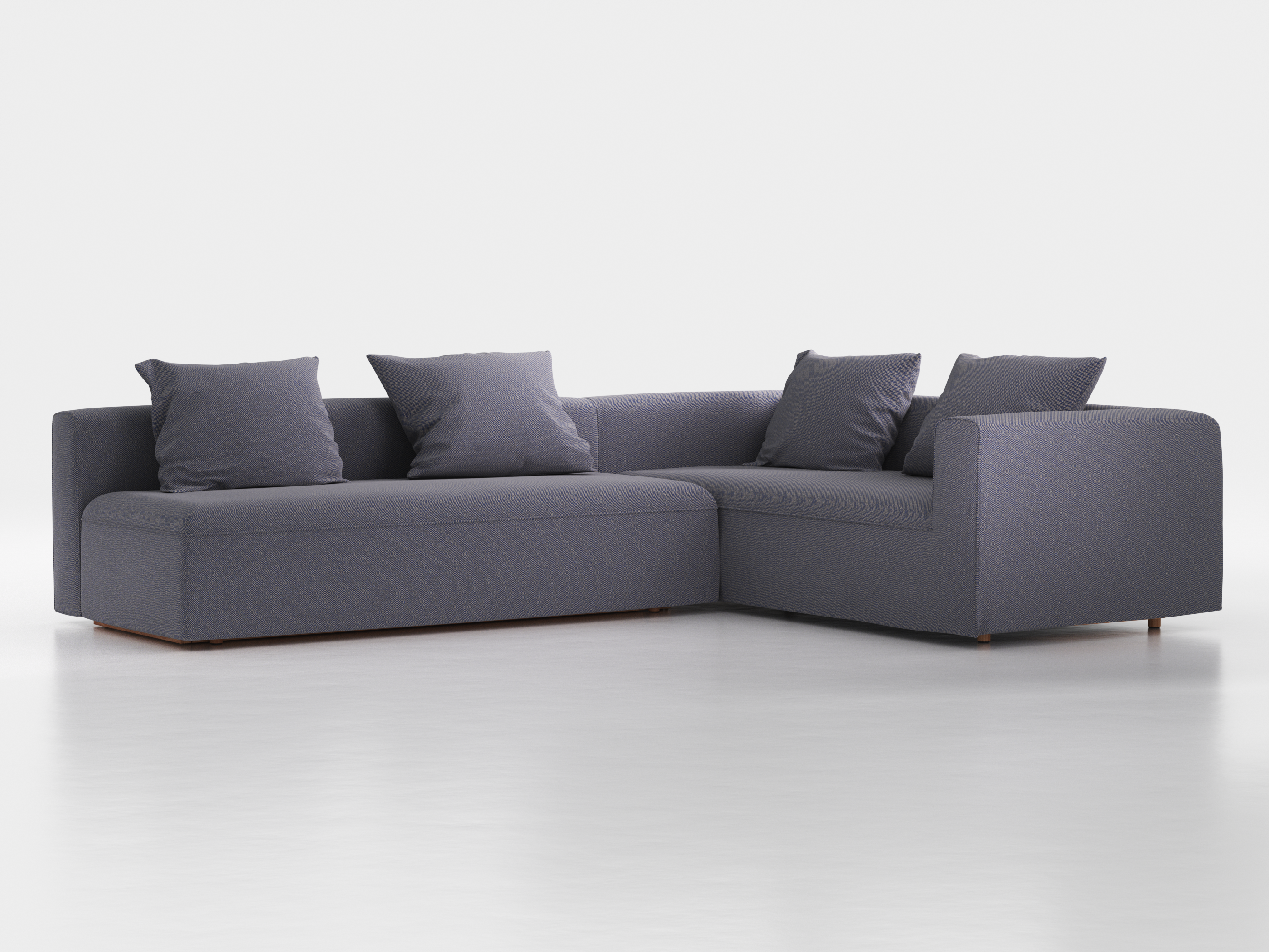 Ecksofa Sereno mit Schlaffunktion inkl. 4 Kissen (70x55 cm), B 300 x T 235 cm, Bodennah, Eckteil rechts, mit Bezug Wollstoff Elverum Torfblau (82), Buche