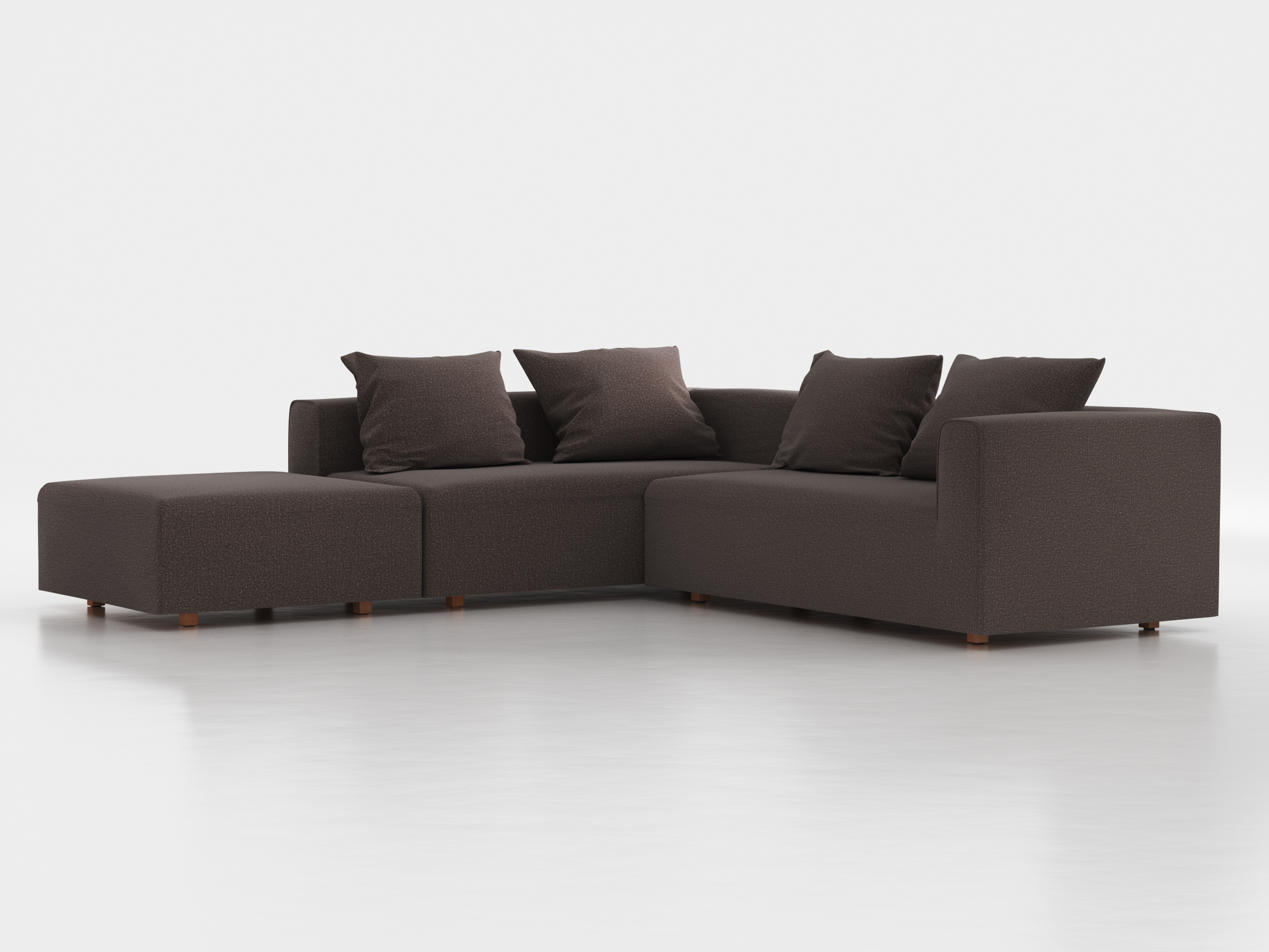 Ecksofa Sereno, 276 x 276 cm, inkl. 4 Kissen (70 x 55 cm), Liegeteil links, Bodennah, mit Bezug Wollstoff Tano Natur Dunkel (81), Buche