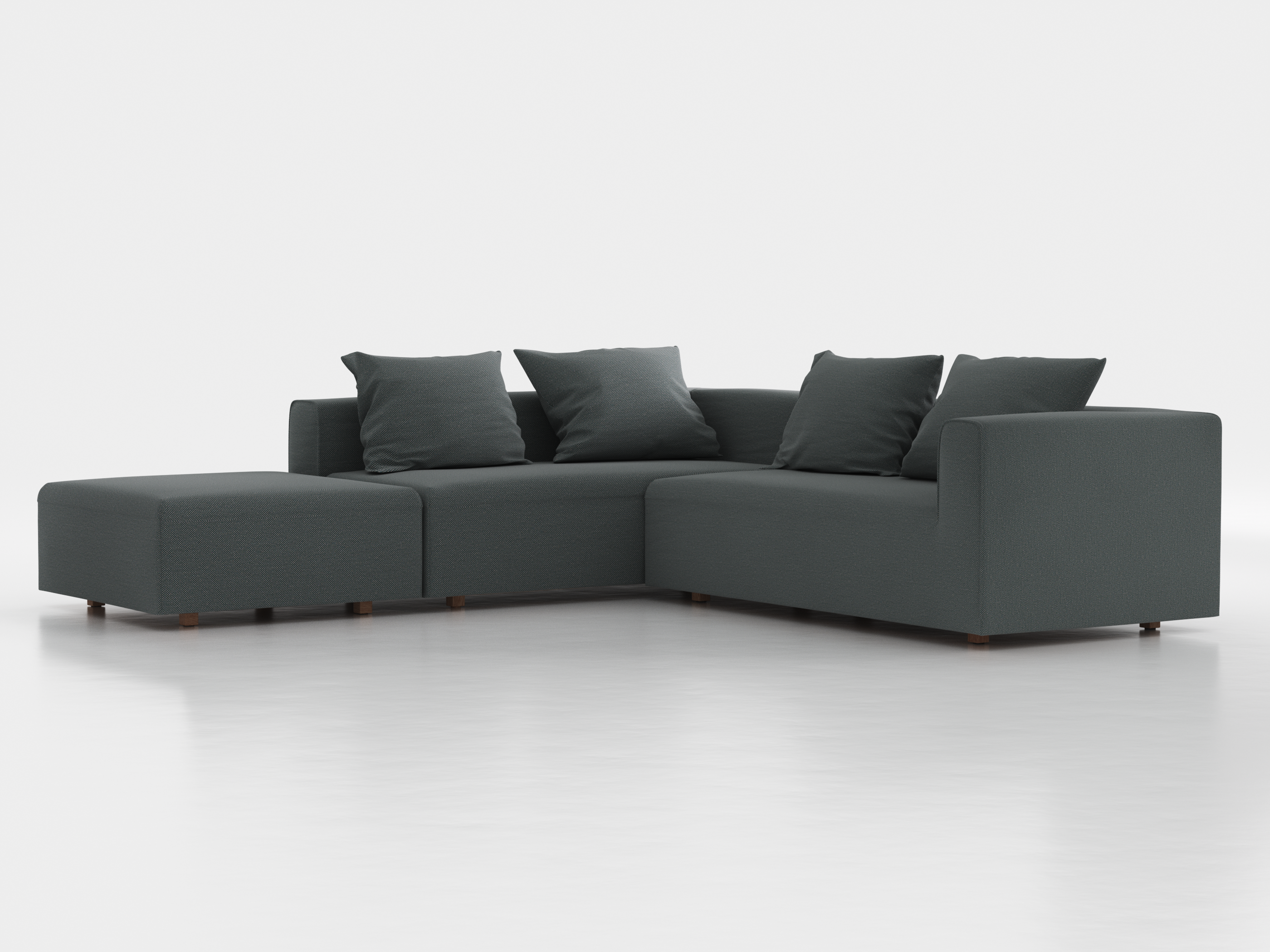 Ecksofa Sereno, 276 x 276 cm, inkl. 4 Kissen (70 x 55 cm), Liegeteil links, Bodennah, mit Bezug Wollstoff Elverum Grüngrau (84), Eiche