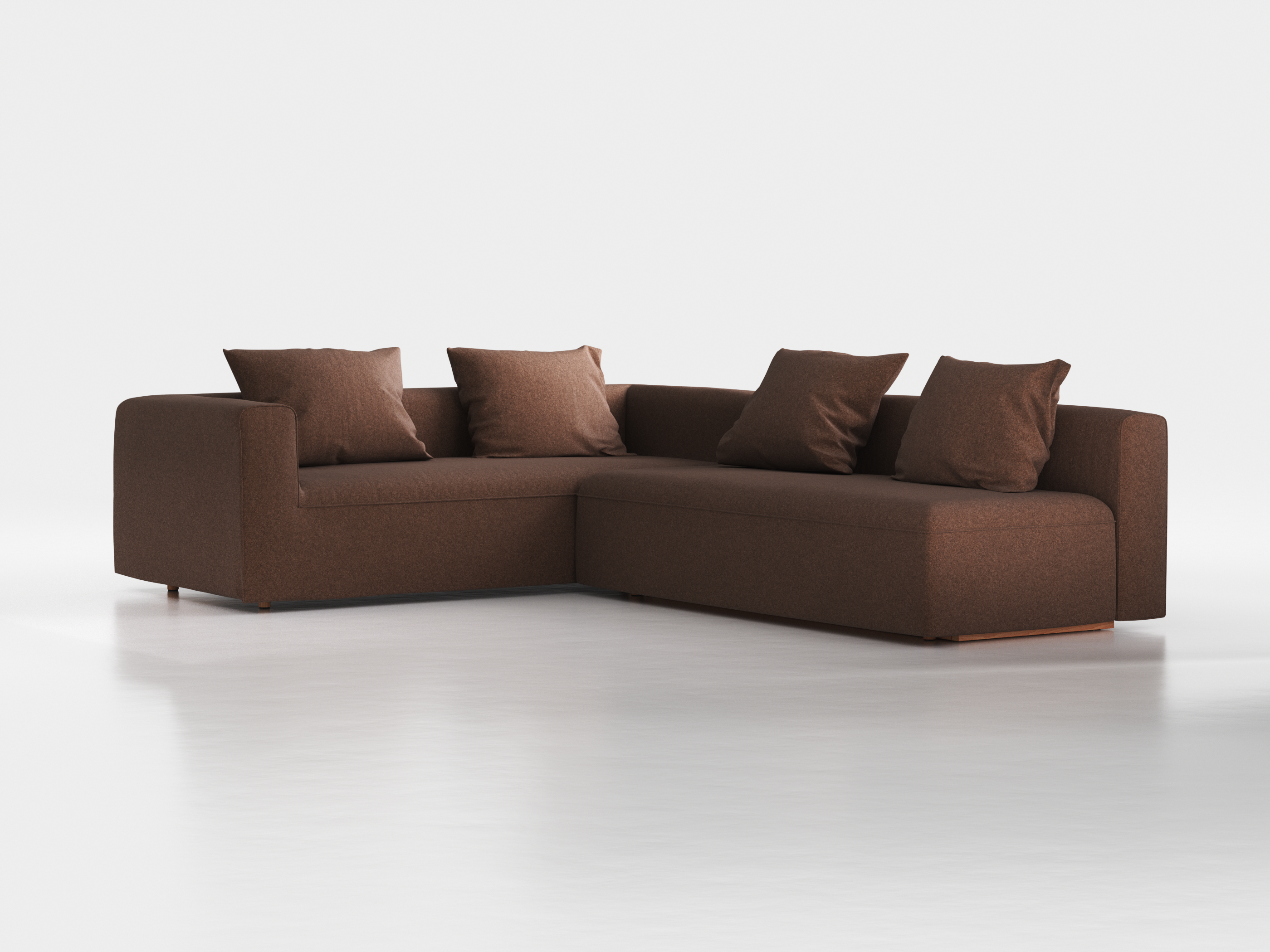 Ecksofa Sereno mit Schlaffunktion inkl. 4 Kissen (70x55 cm), B 300 x T 235 cm, Bodennah, Eckteil links, mit Bezug Wollstoff Stavang Torf (64), Buche