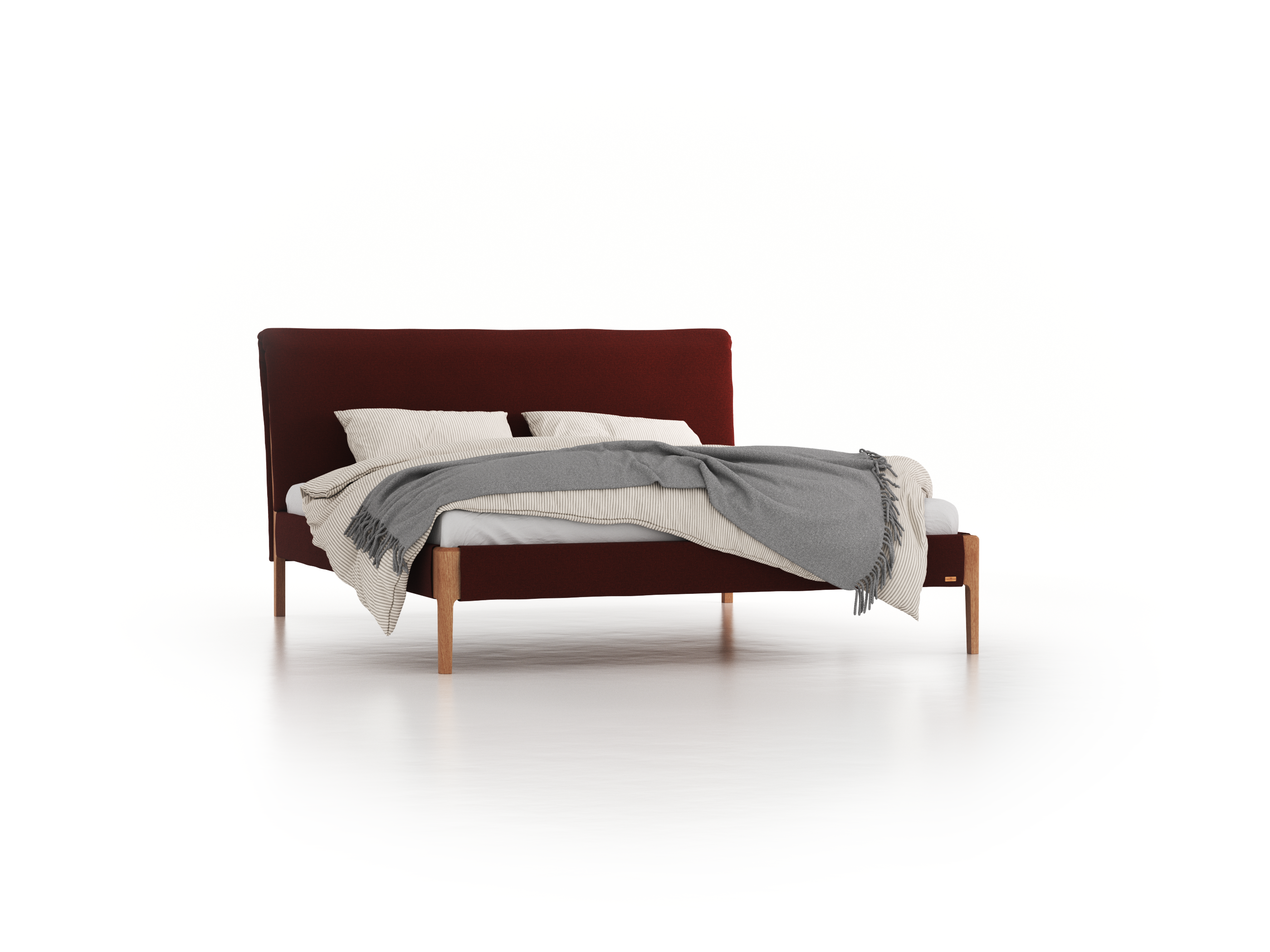 Bett Lorea mit Polsterbetthaupt, 180 x 210 cm, Wollstoff Kaland Ziegel (72), Eiche