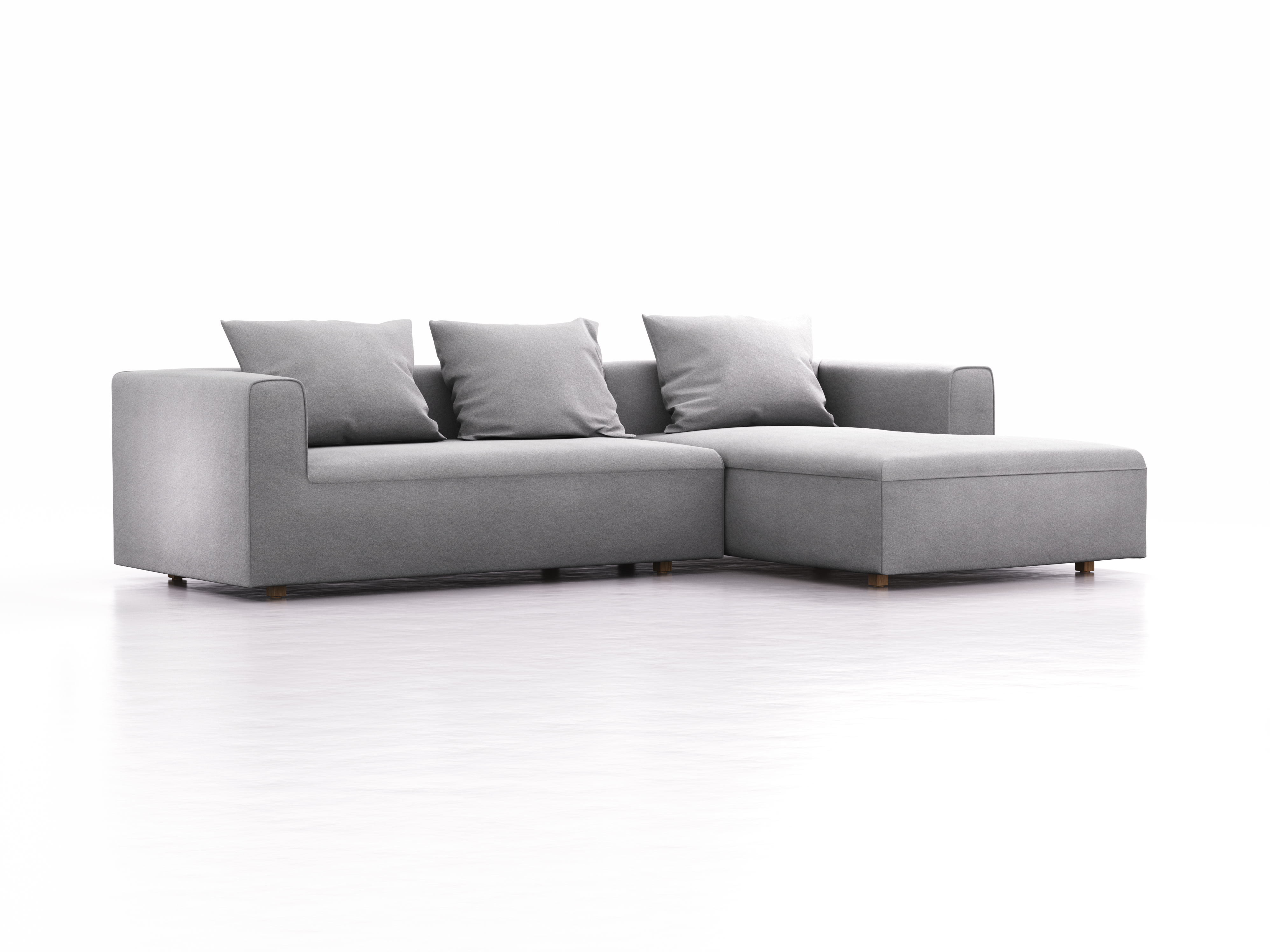 Lounge-Sofa Sereno, bodennah, B297xT180xH71 cm, Sitzhöhe 43 cm, mit Liegeteil rechts inkl. 3 Kissen (70x55 cm), Eiche, Wollstoff Stavang Kiesel