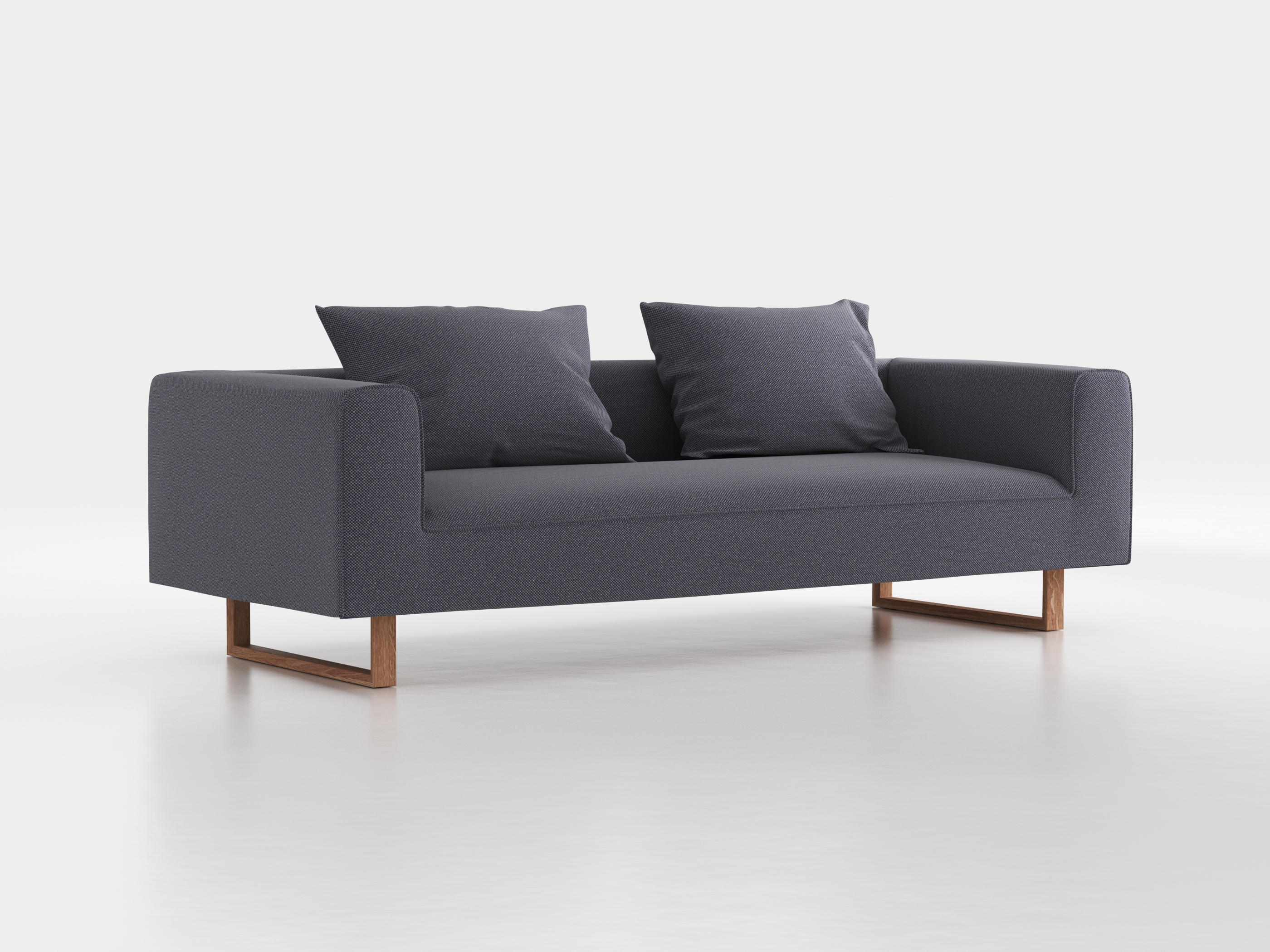 3er-Sofa Sereno B 235 x T 96 cm, inkl. 2 Kissen (70x55 cm), Kufenfuß, mit Bezug Wollstoff Elverum Torfblau (82), Eiche