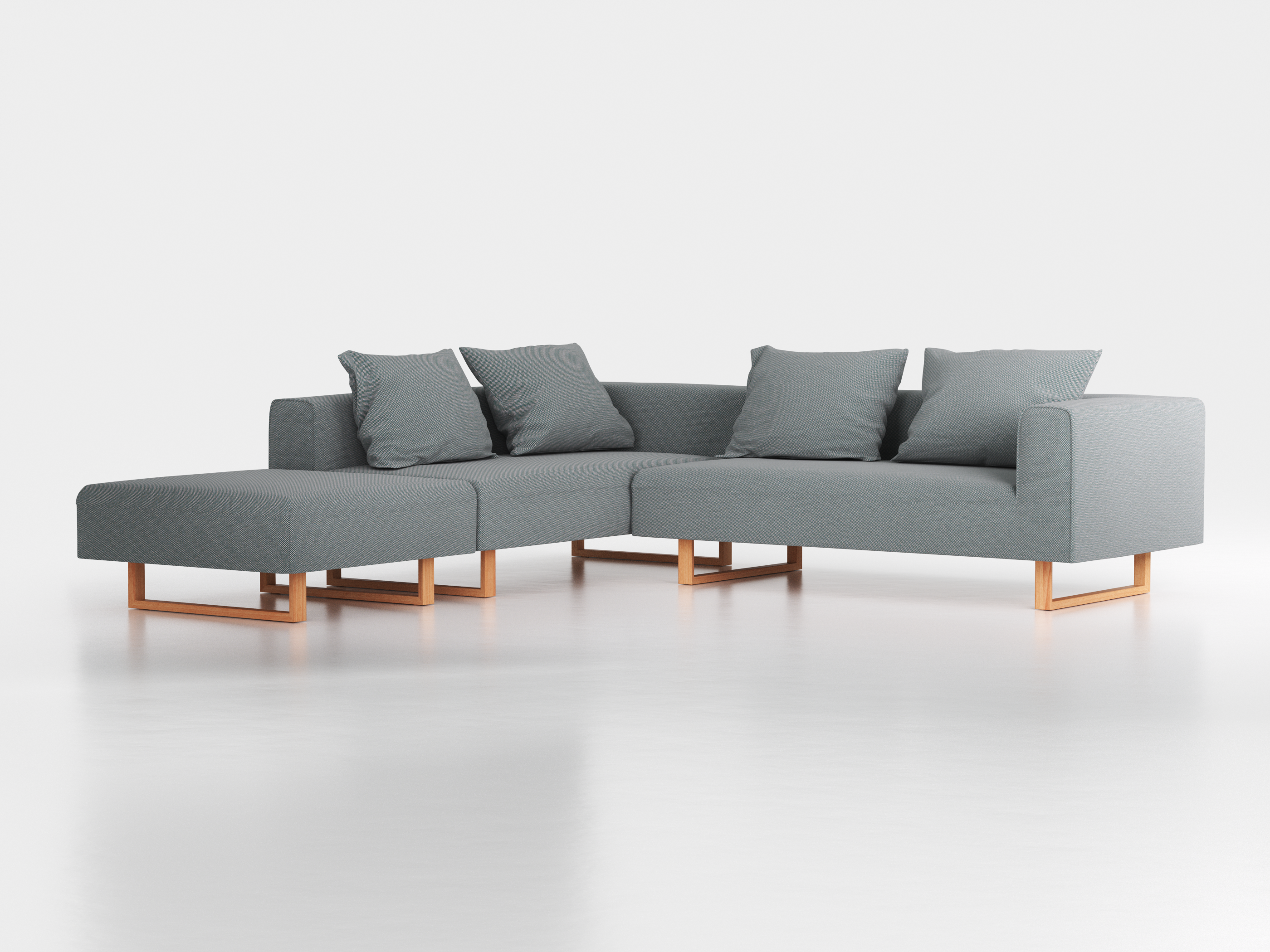 Ecksofa Sereno, 276 x 276 cm, inkl. 4 Kissen (70 x 55 cm), Liegeteil links, Kufenfuß, mit Bezug Wollstoff Elverum Grüngrau (84), Buche