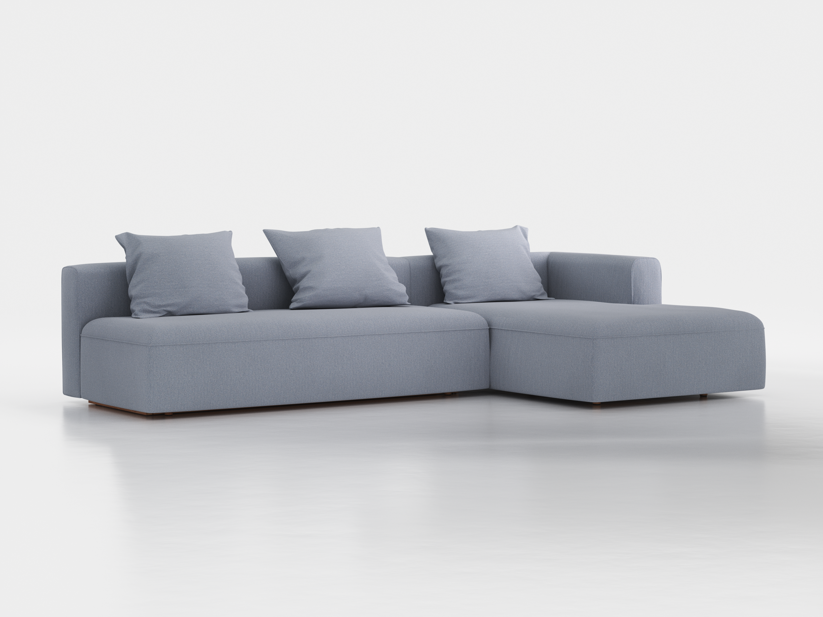 Lounge-Sofa Sereno mit Schlaffunktion inkl. 3 Kissen (70x55 cm), B 320,5 x T 180 cm, Bodennah, Liegeteil rechts, mit Bezug Wollstoff Elverum Blaugrau (83), Buche