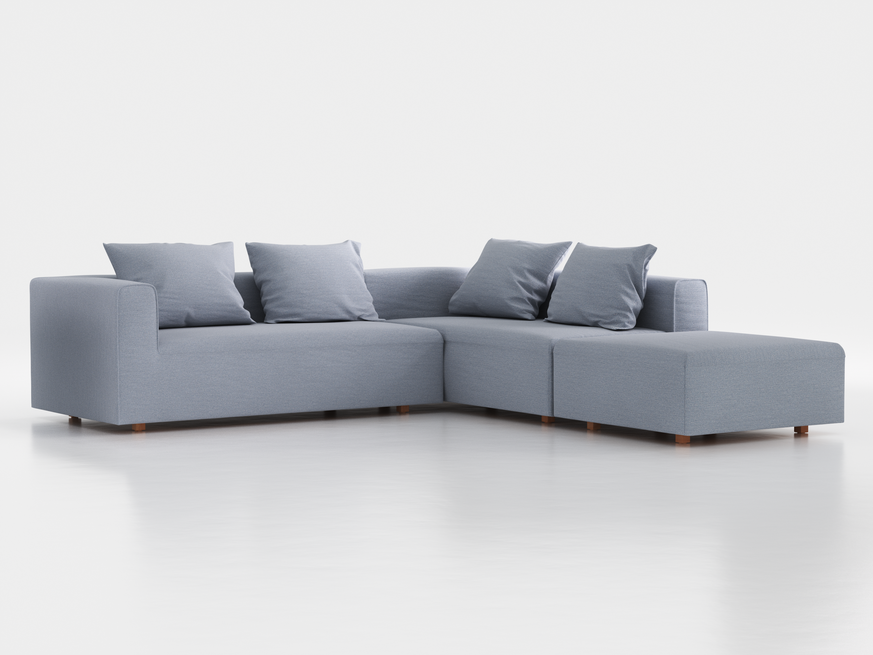 Ecksofa Sereno, 276 x 276 cm, inkl. 4 Kissen (70 x 55 cm), Liegeteil rechts, Bodennah, mit Bezug Wollstoff Elverum Blaugrau (83), Buche