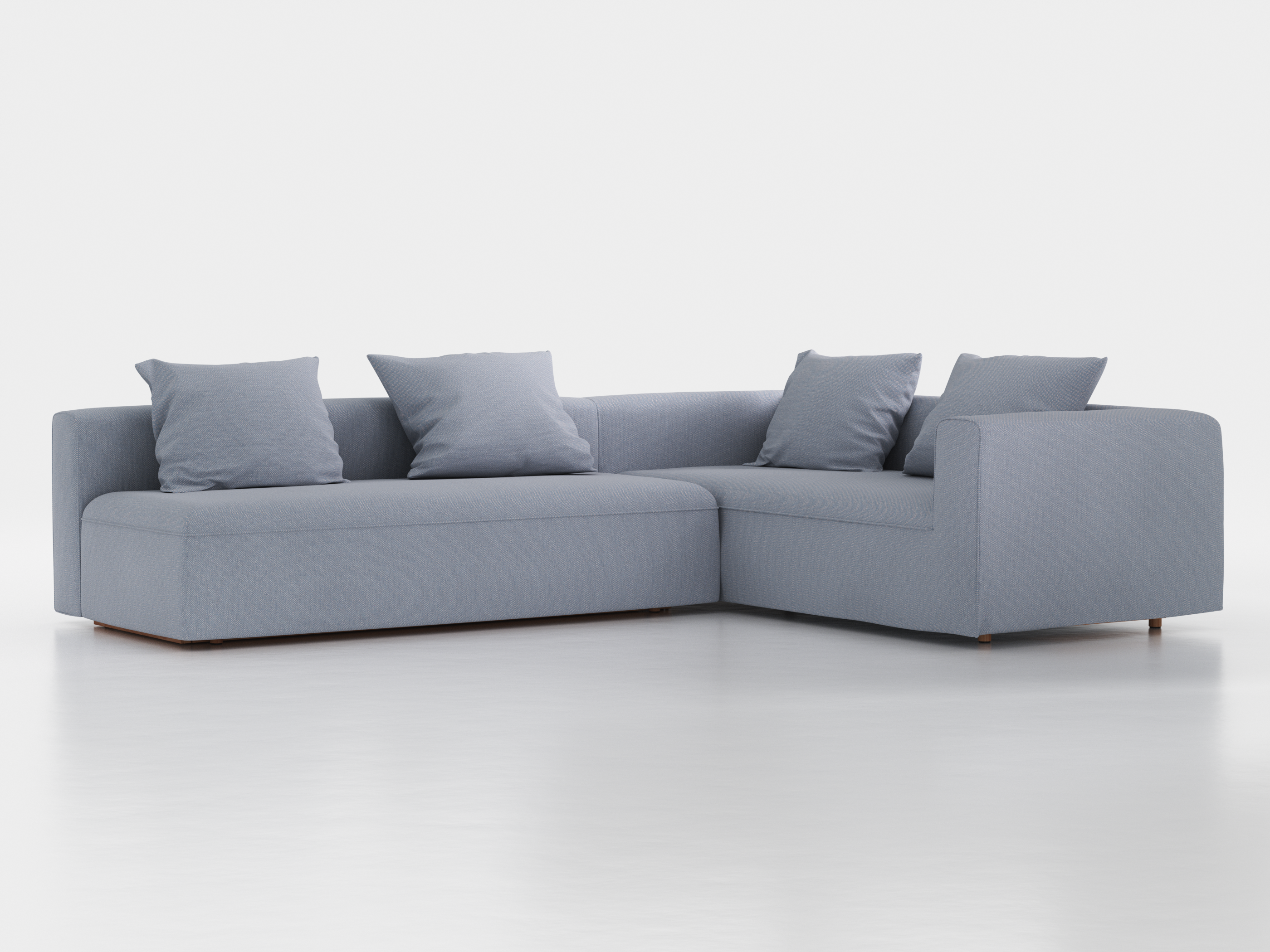 Ecksofa Sereno mit Schlaffunktion inkl. 4 Kissen (70x55 cm), B 300 x T 235 cm, Bodennah, Eckteil rechts, mit Bezug Wollstoff Elverum Blaugrau (83), Buche