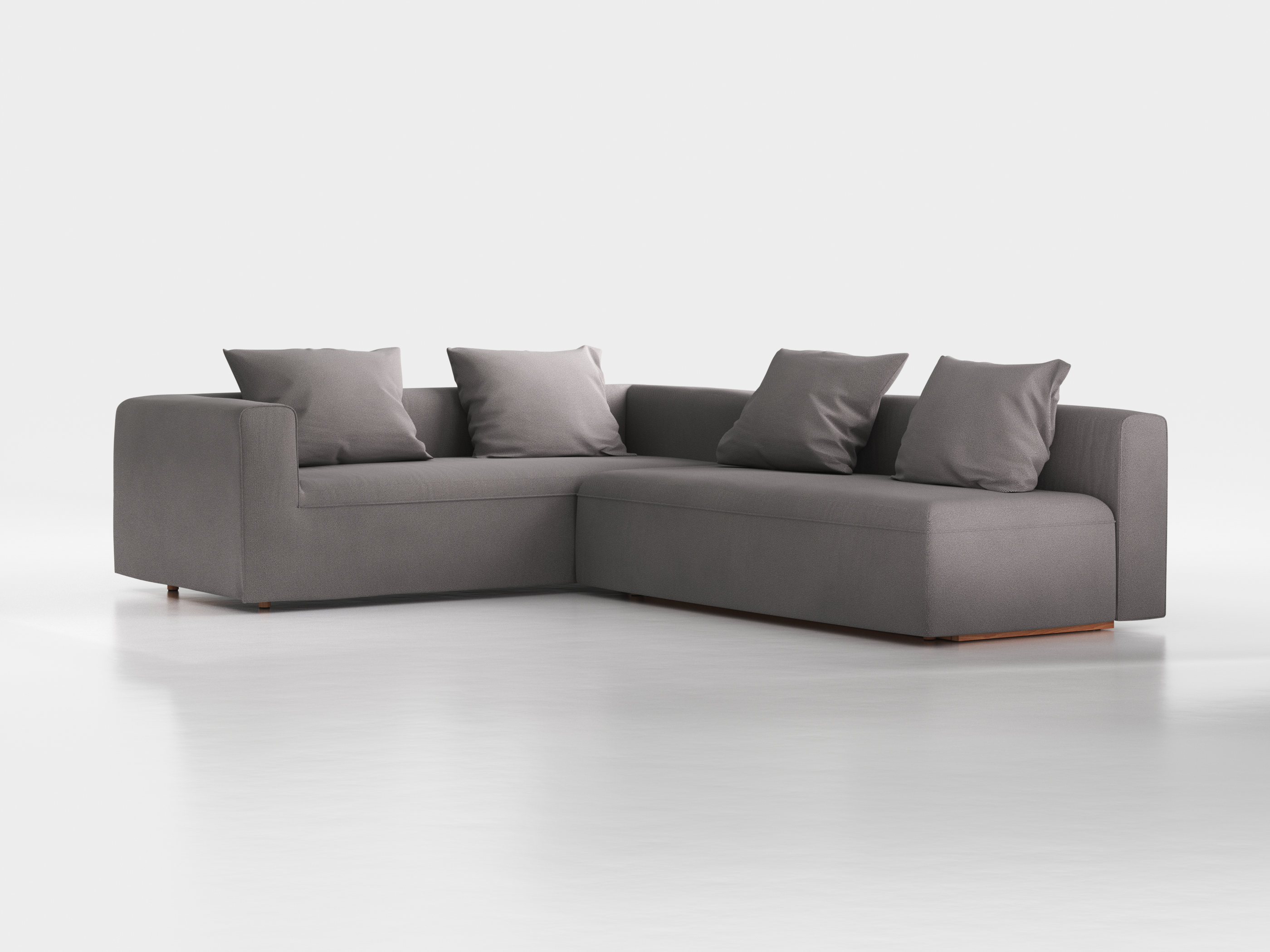 Ecksofa Sereno mit Schlaffunktion inkl. 4 Kissen (70x55 cm), B 300 x T 235 cm, Bodennah, Eckteil links, mit Bezug Wollstoff Elverum Mocca (73), Buche