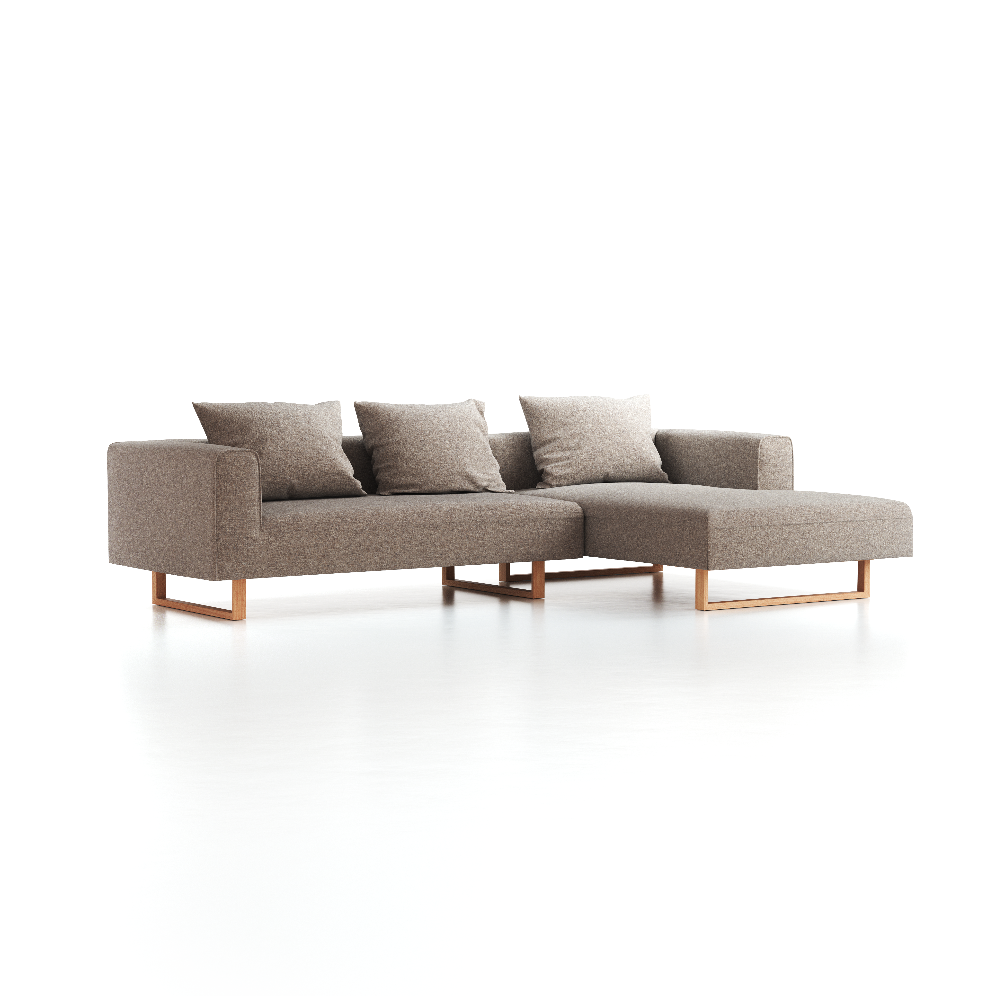 Lounge-Sofa Sereno inkl. 3 Kissen (70x55 cm), B 297 x T 180 cm, Liegeteil rechts, Kufenfuß, mit Bezug Wollstoff Tano Natur (79), Buche