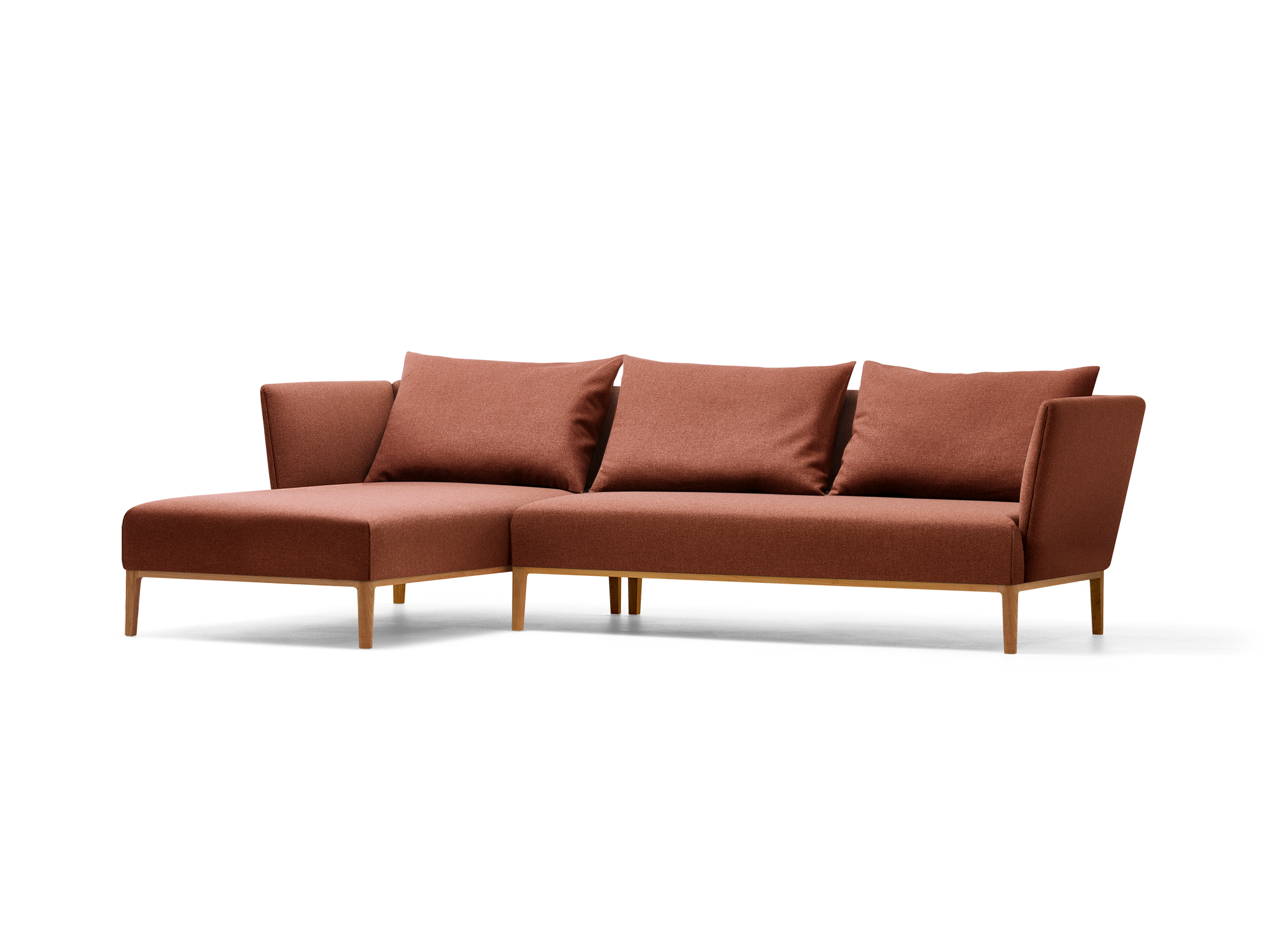 Lorea Lounge-Sofa, Liegeteil links, Buche, mit Bezug Wollstoff Kaland Ziegel