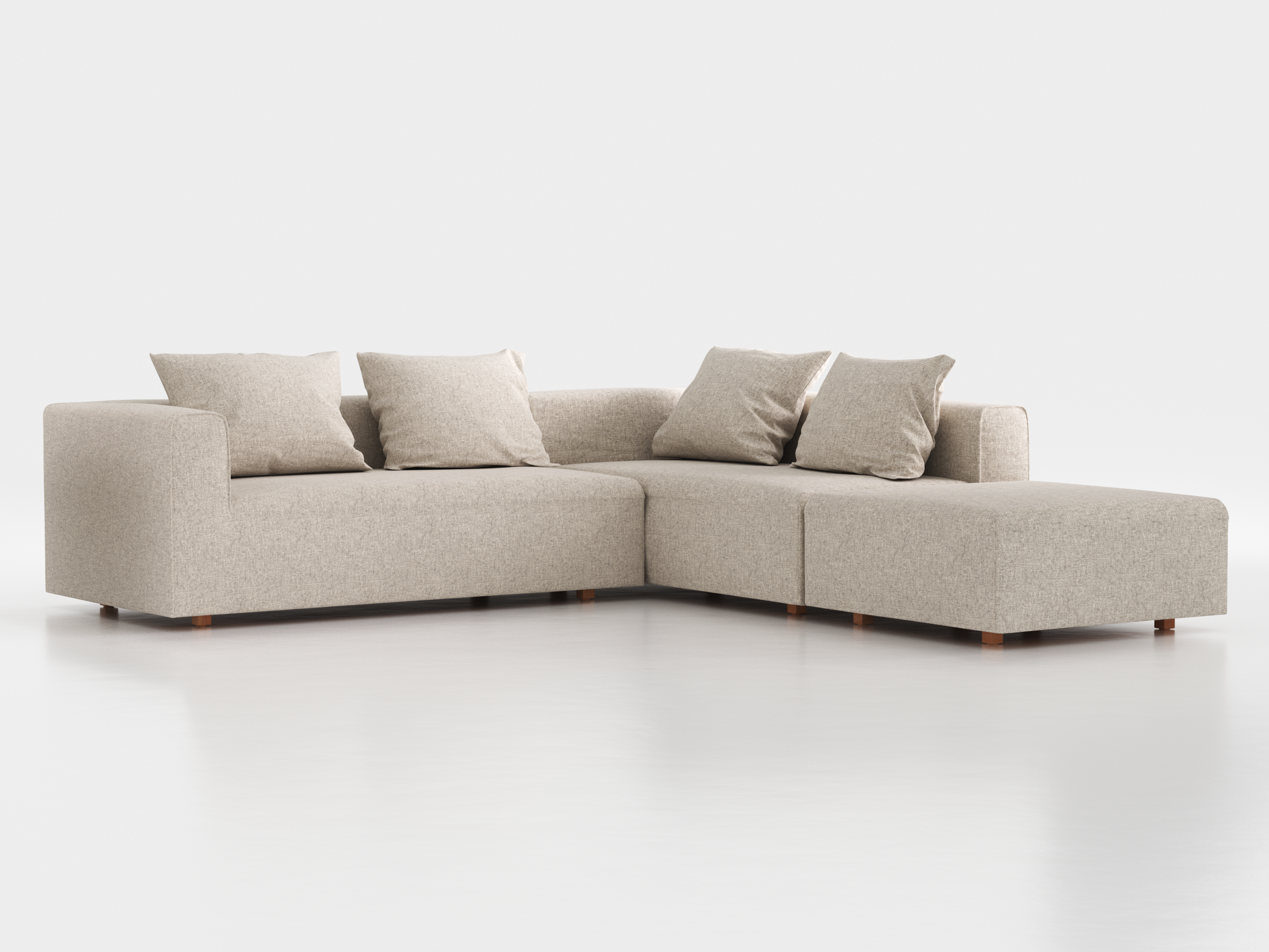 Ecksofa Sereno, 276 x 276 cm, inkl. 4 Kissen (70 x 55 cm), Liegeteil rechts, Bodennah, mit Bezug Wollstoff Tano Natur Hell (80), Buche