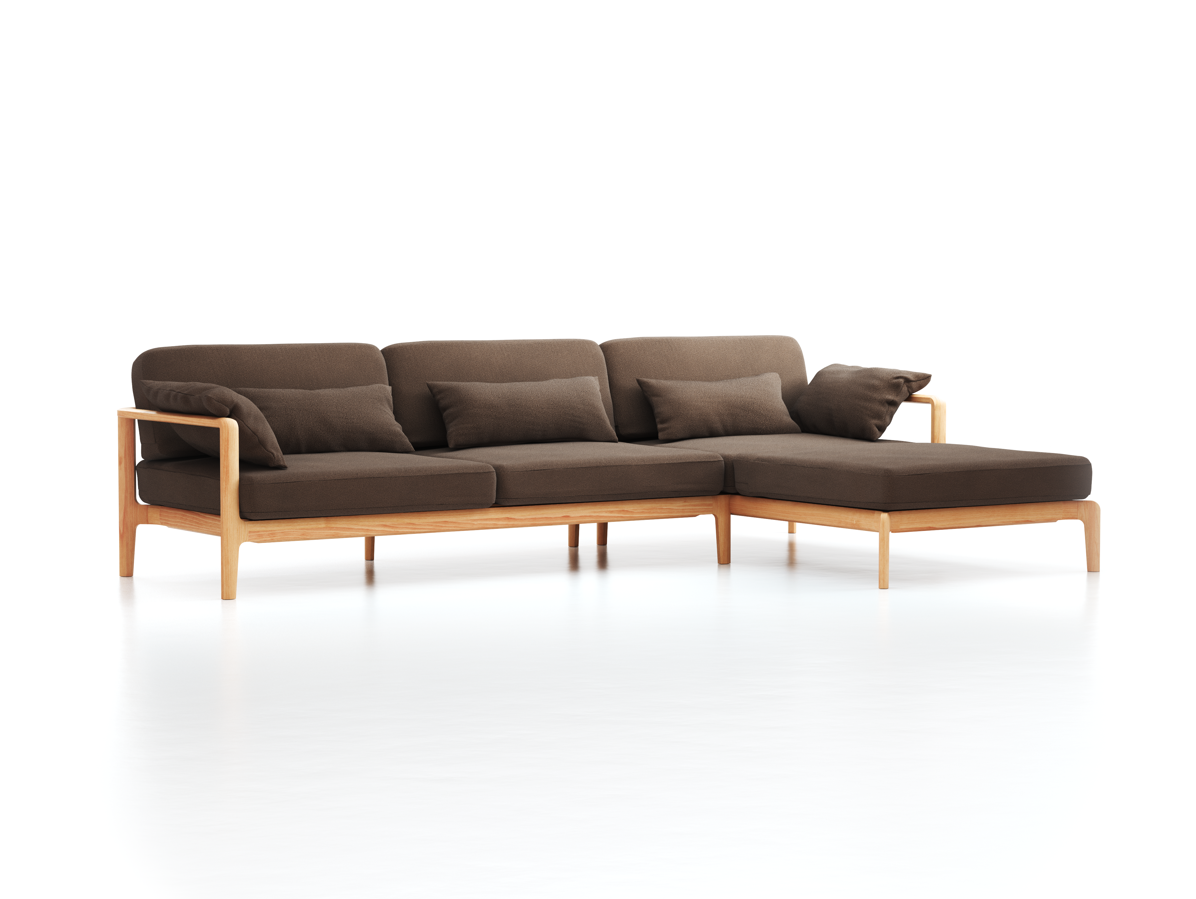 Loungesofa Linera, breit mit Liegeteil rechts, Wollstoff Kaland Torf (70), Buche