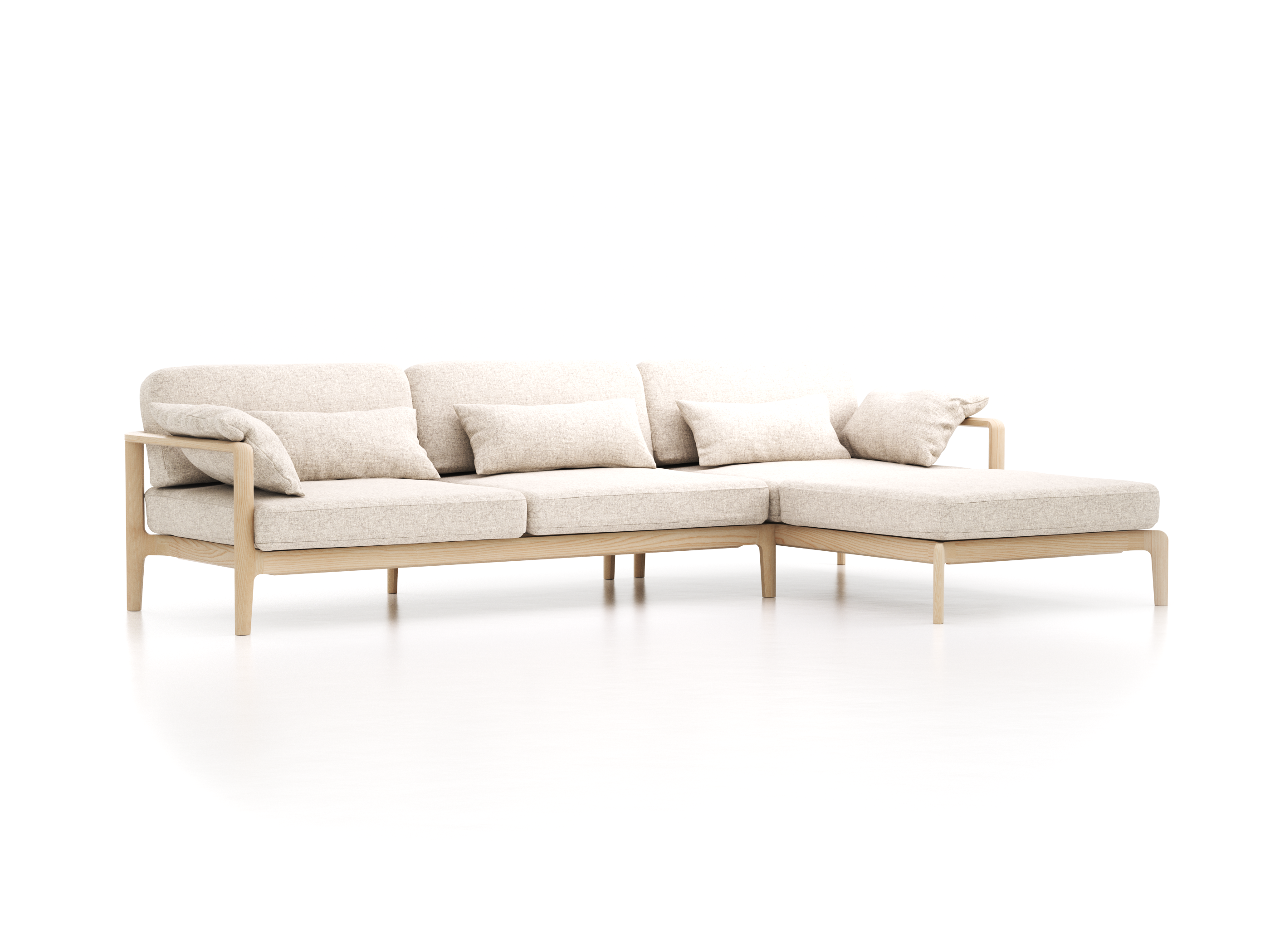 Loungesofa Linera, breit mit Liegeteil rechts, Wollstoff Tano Natur Hell (80), Esche