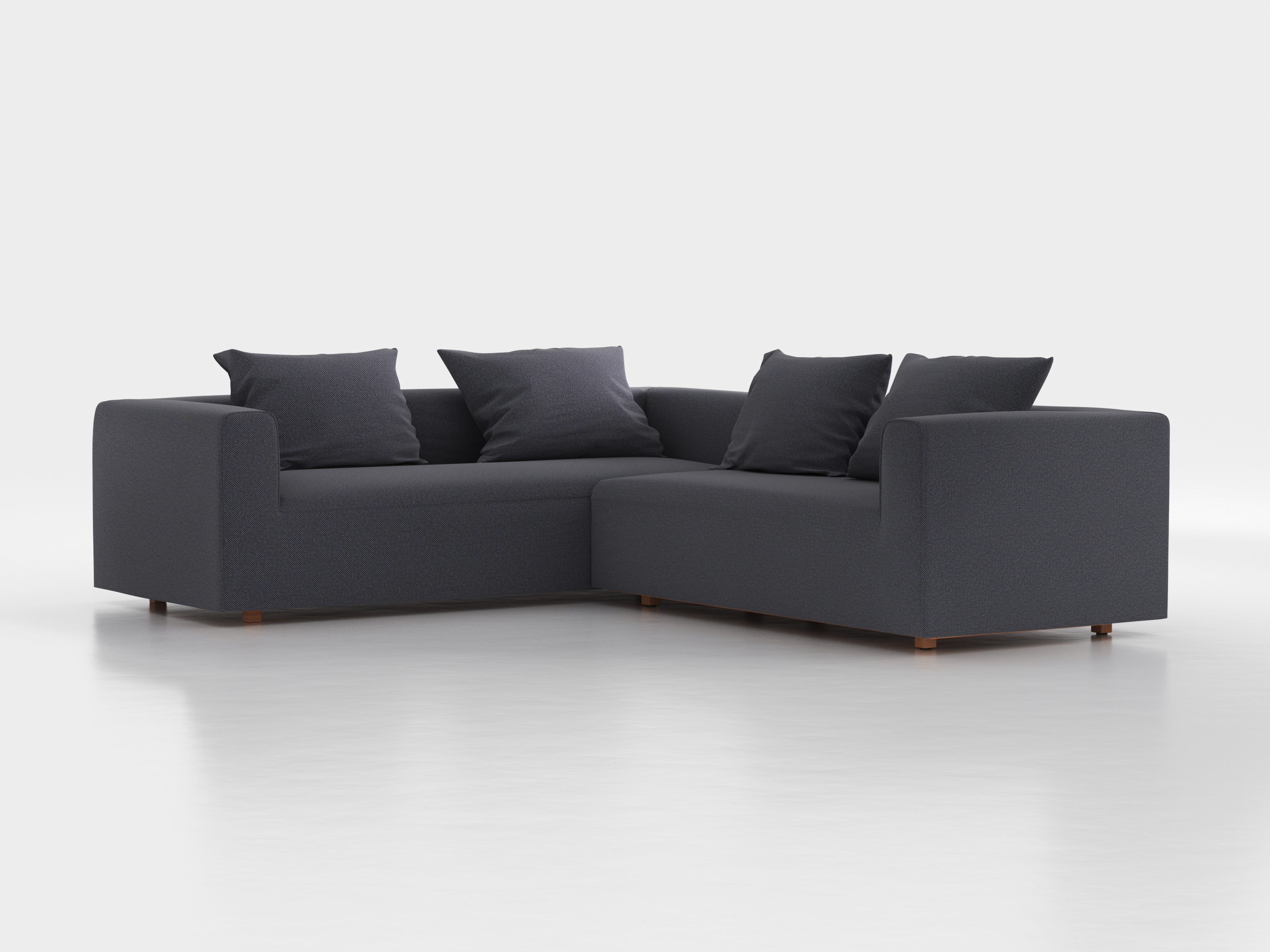 Ecksofa Sereno inkl. 4 Kissen (70x55 cm), Eckteil links, B 276 x T 235 cm, Bodennah, mit Bezug Wollstoff Elverum Torfblau (82), Buche