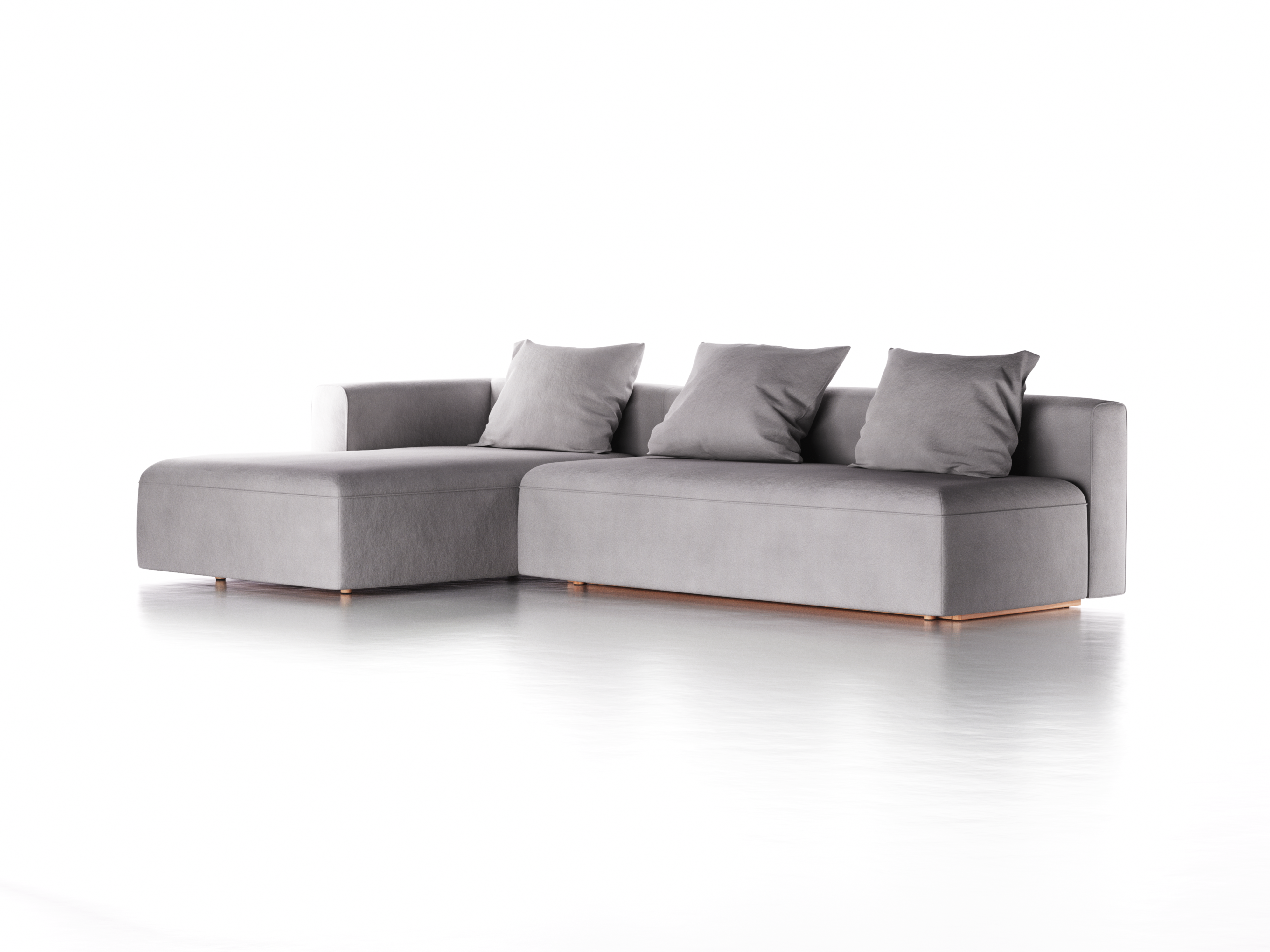 Lounge-Sofa Sereno mit Schlaffunktion inkl. 3 Kissen (70x55 cm), B 320,5 x T 180 cm, Bodennah, Liegeteil links, Buche, mit Bezug Wollstoff Stavang Kiesel (62)