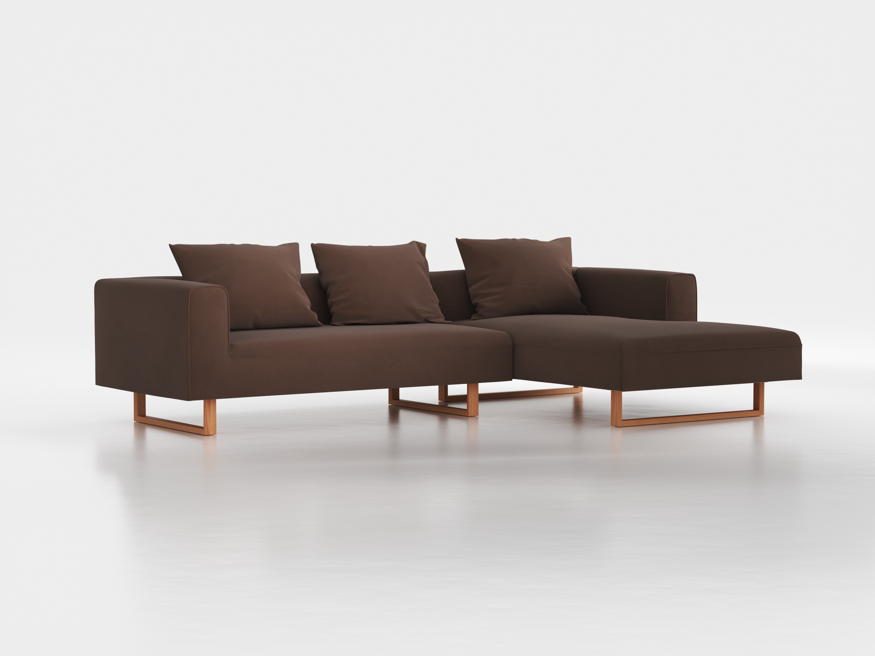 Lounge-Sofa Sereno inkl. 3 Kissen (70x55 cm), B 297 x T 180 cm, Liegeteil rechts, Kufenfuß, mit Bezug Wollstoff Kaland Torf (70), Buche