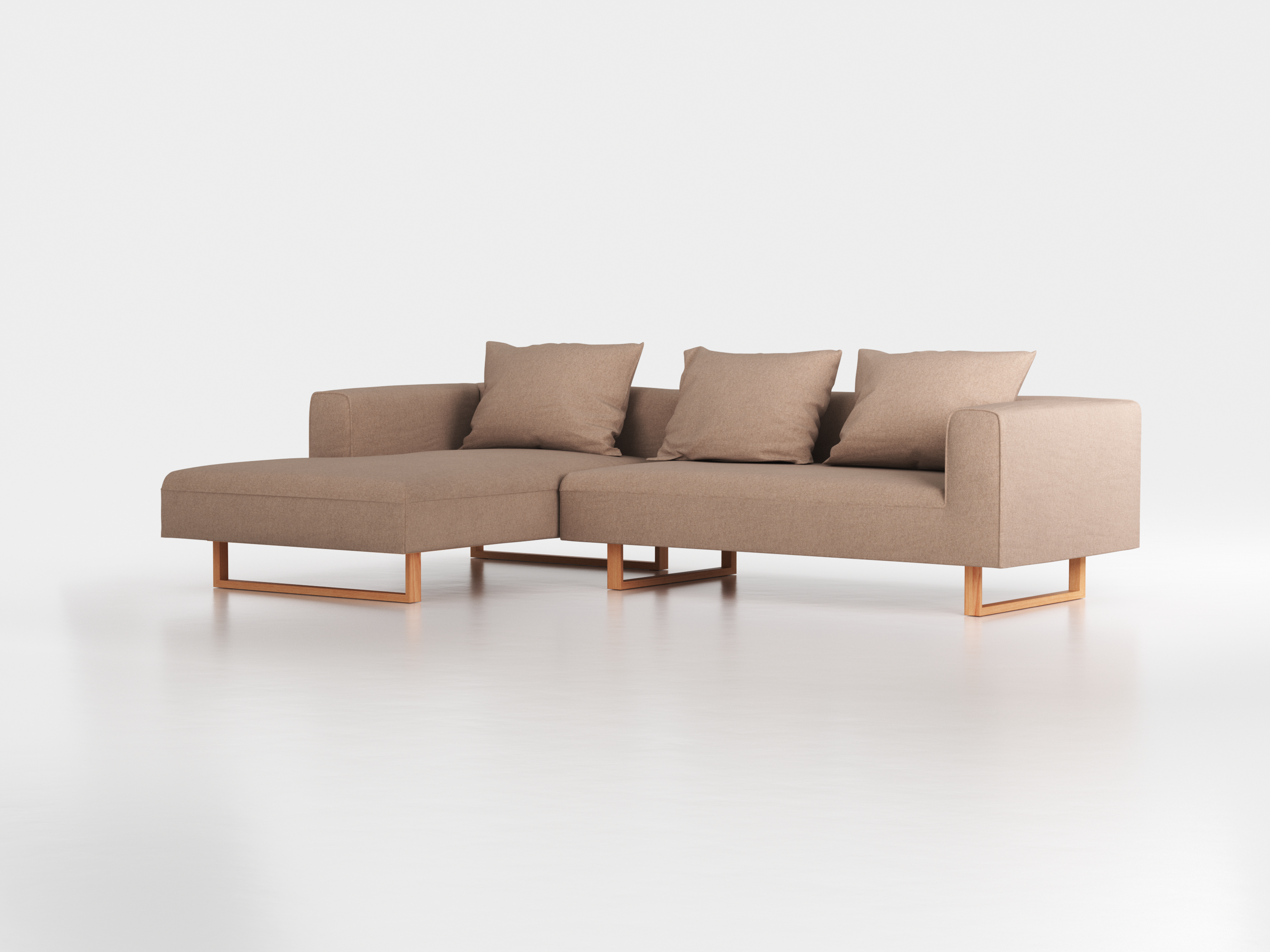 Lounge-Sofa Sereno inkl. 3 Kissen (70x55 cm), B 297 x T 180 cm, Liegeteil links, Kufenfuß, mit Bezug Wollstoff Stavang Sand (66), Buche