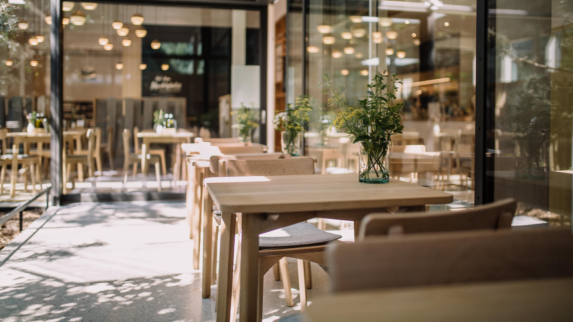 Modernes Grüne Erde Bistro mit Holzmöbeln, Pflanzen und viel Tageslicht