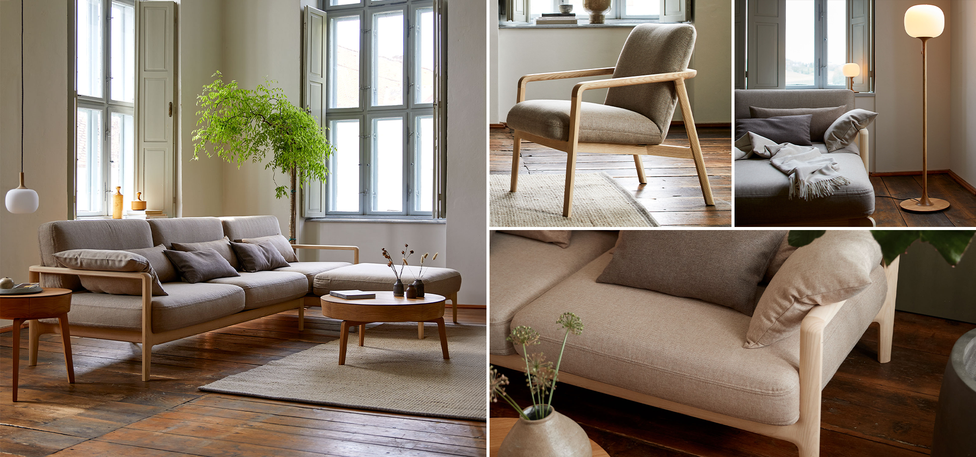 Collage unterschiedlicher Ansichten der Couch Linera im Wohnzimmer